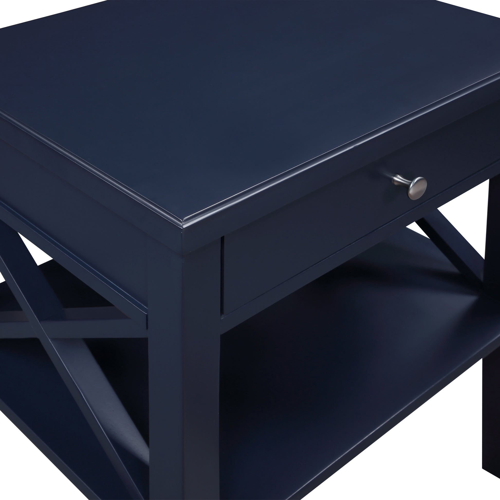 Dark blue wooden end table with drawer and shelf