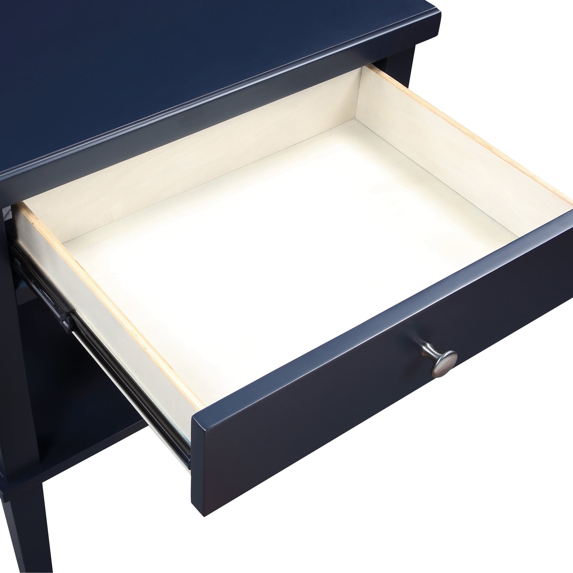 Dark navy nightstand with an open drawer revealing light wood interior