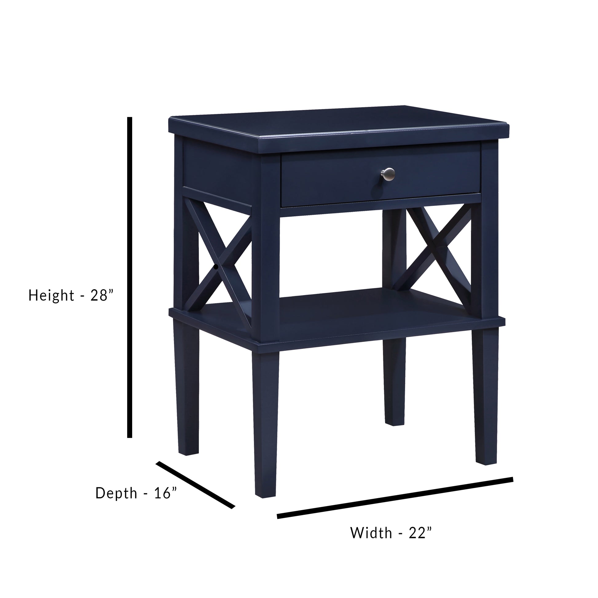 Navy blue Xframe nightstand with one drawer and open shelf