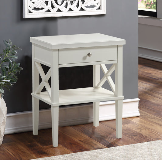 White wooden end table with Xframe shelf and drawer
