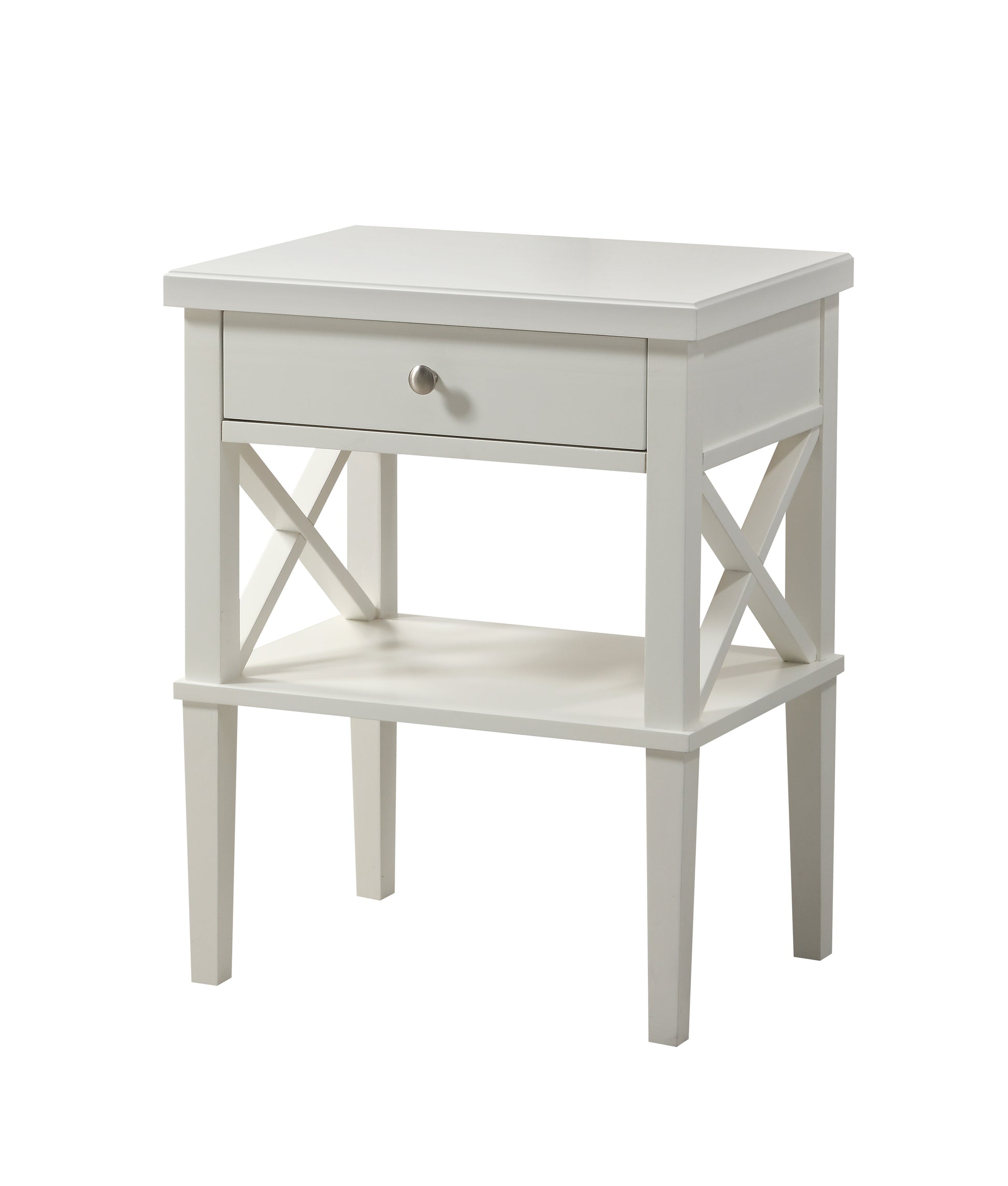 White wood accent table with one drawer and open shelf
