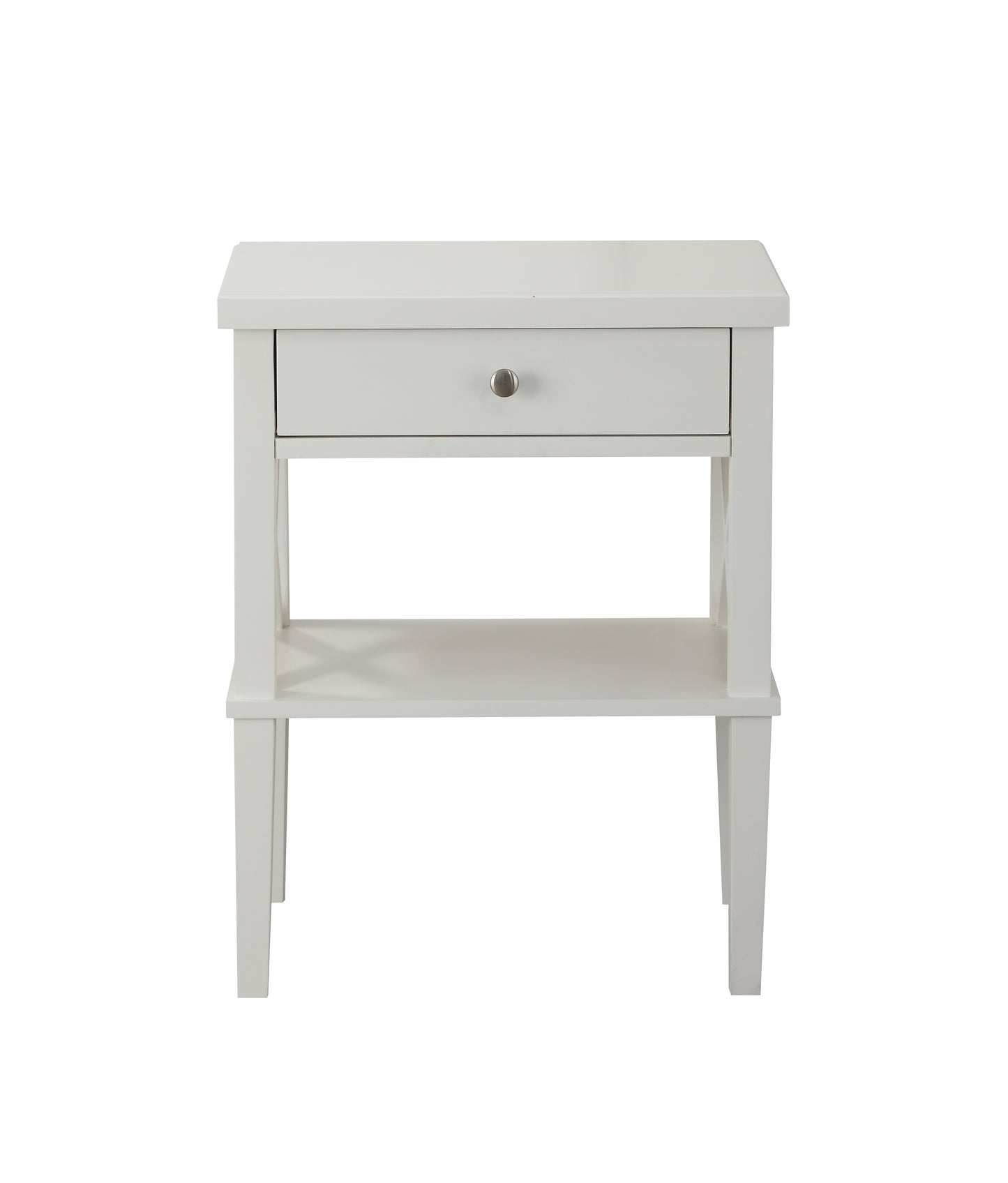 White wooden bedside table with one drawer and open shelf