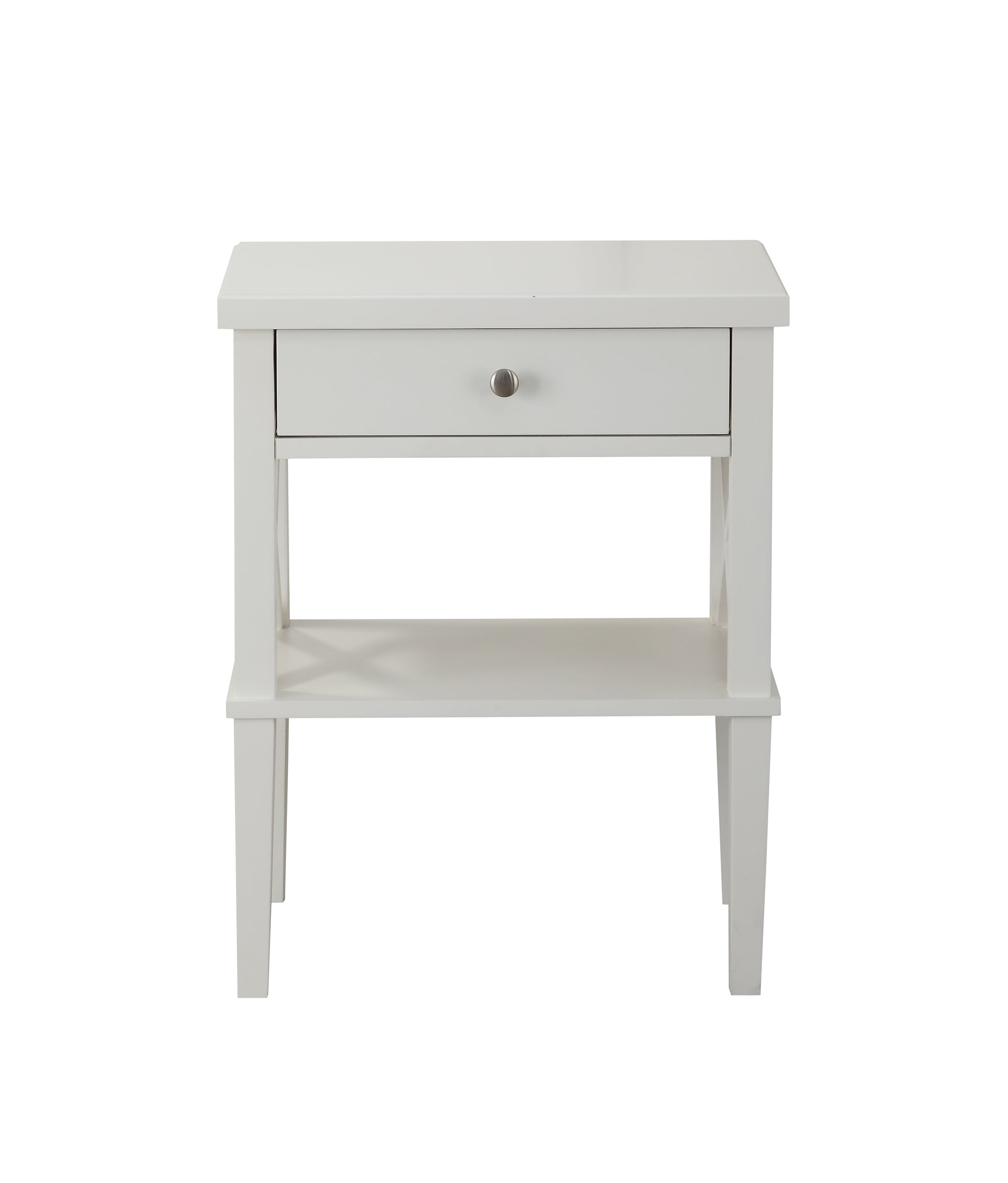 White wooden bedside table with one drawer and open shelf