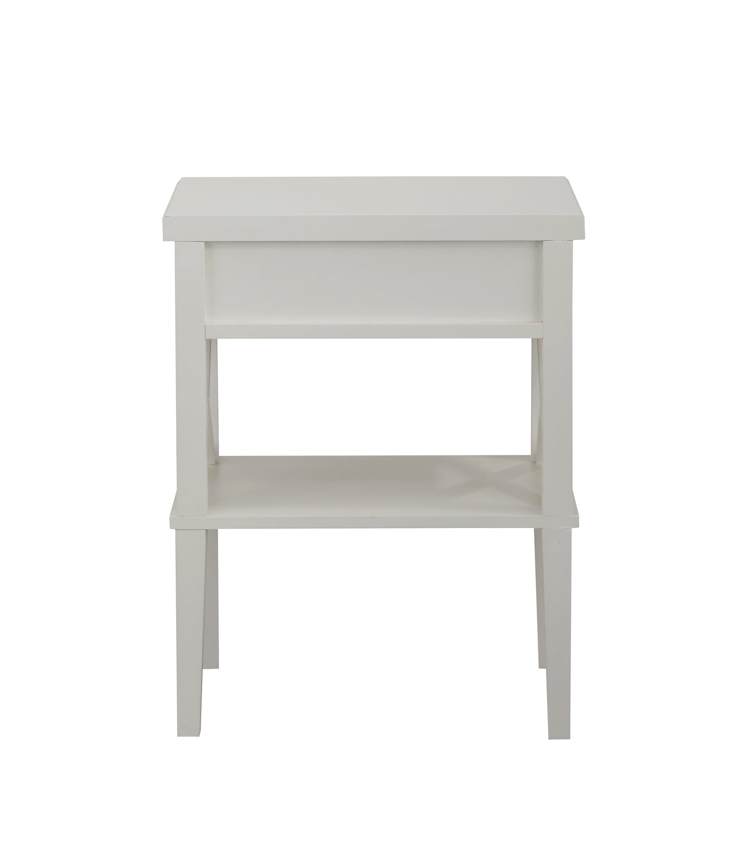 White twotier end table with minimalist design and open shelf