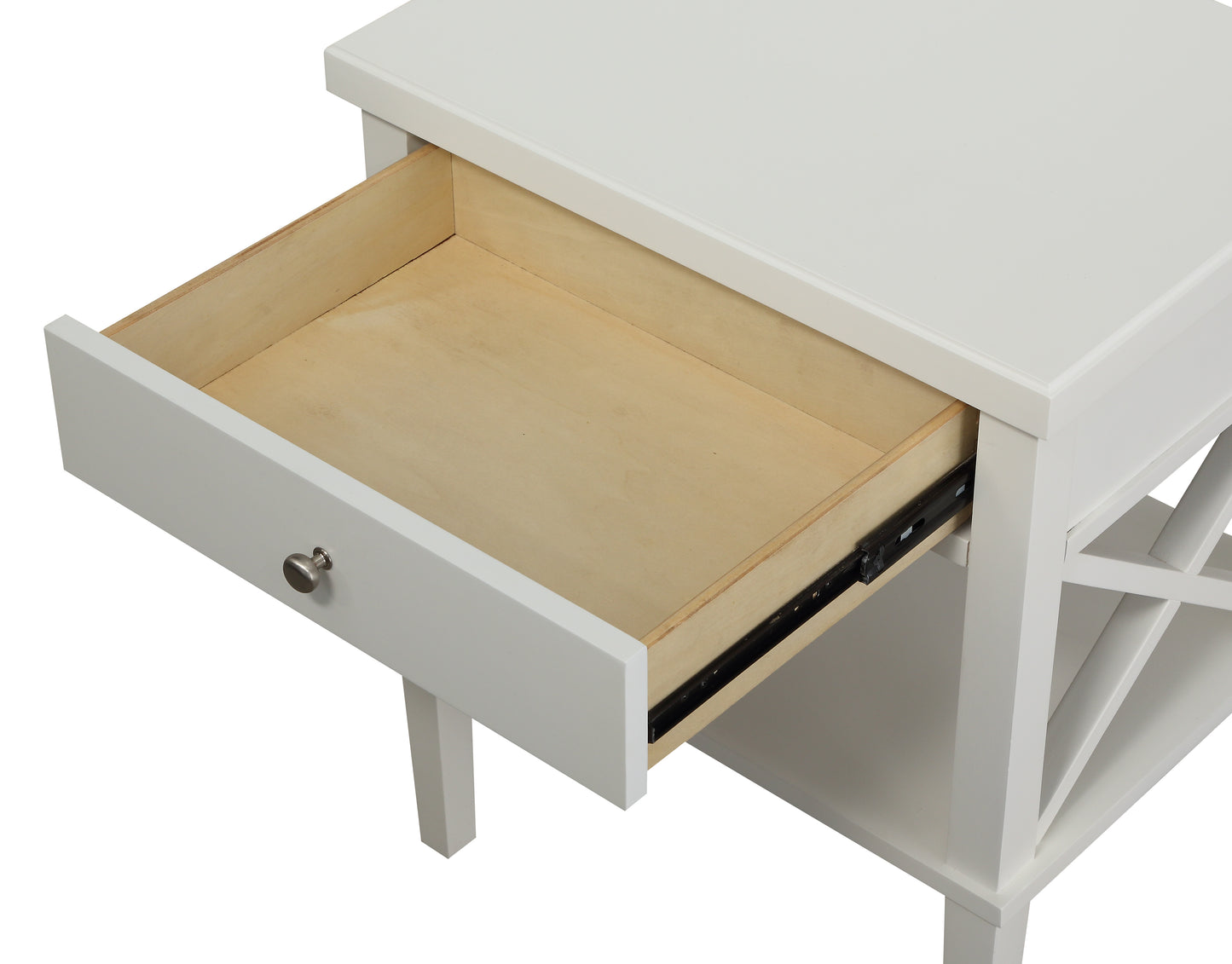 White accent table with open drawer showing natural wood interior and silver knob