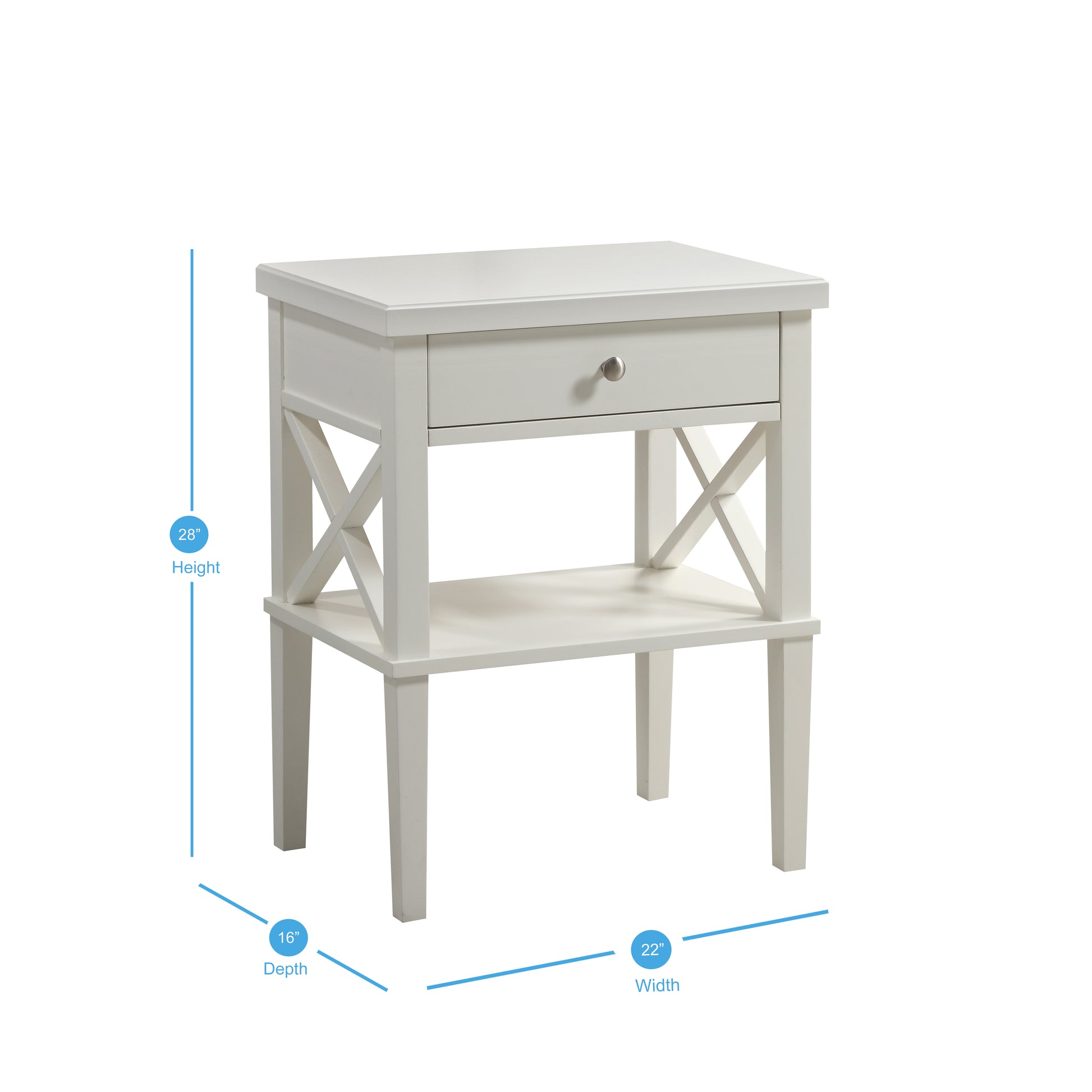 White wooden bedside table with a drawer and open shelf