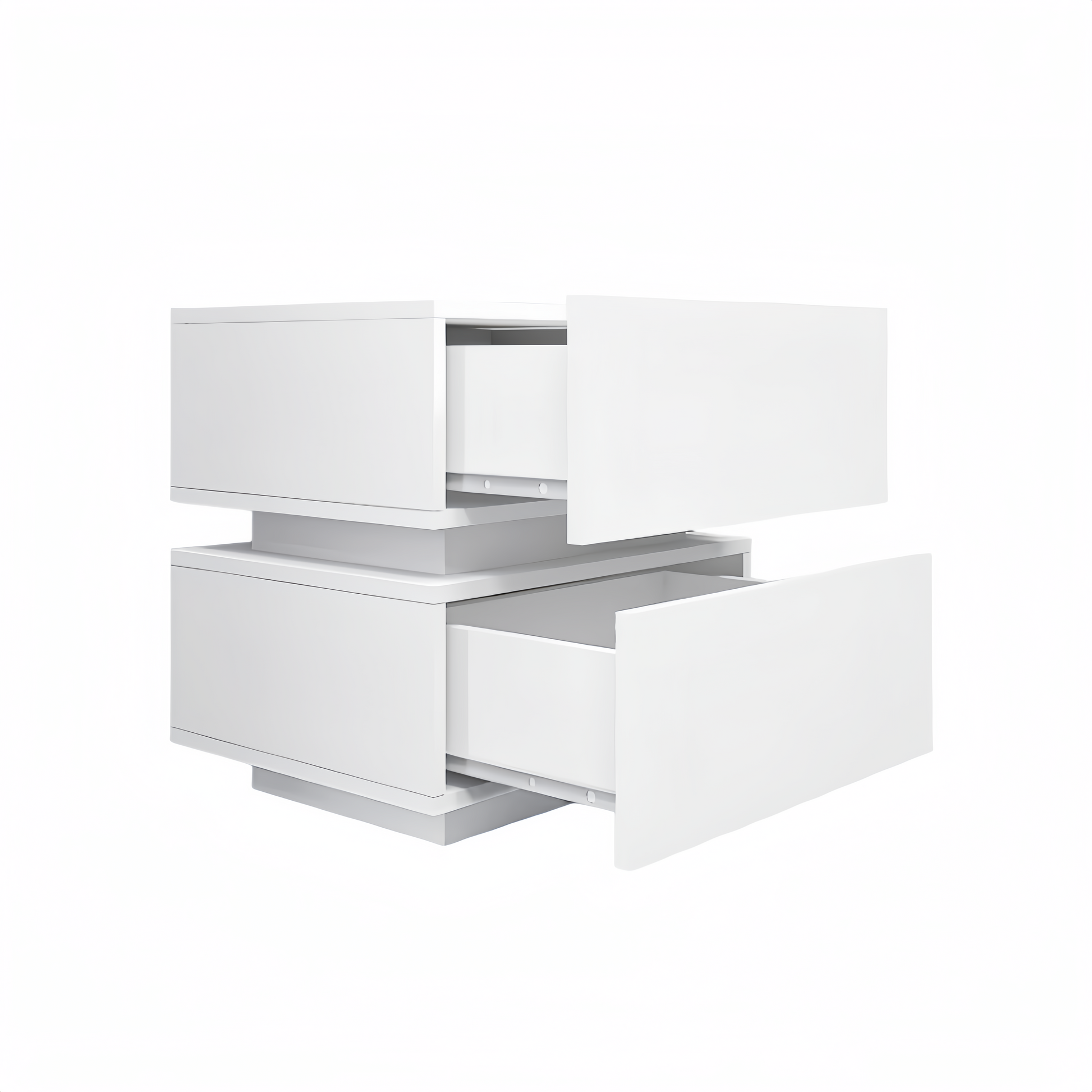 Modern white dresser with two open drawers and a sleek design