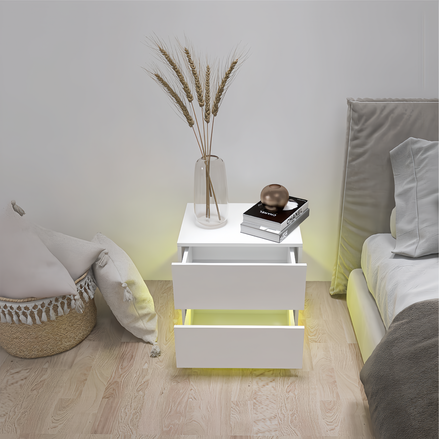 White floating nightstand with two drawers and LED accent lighting
