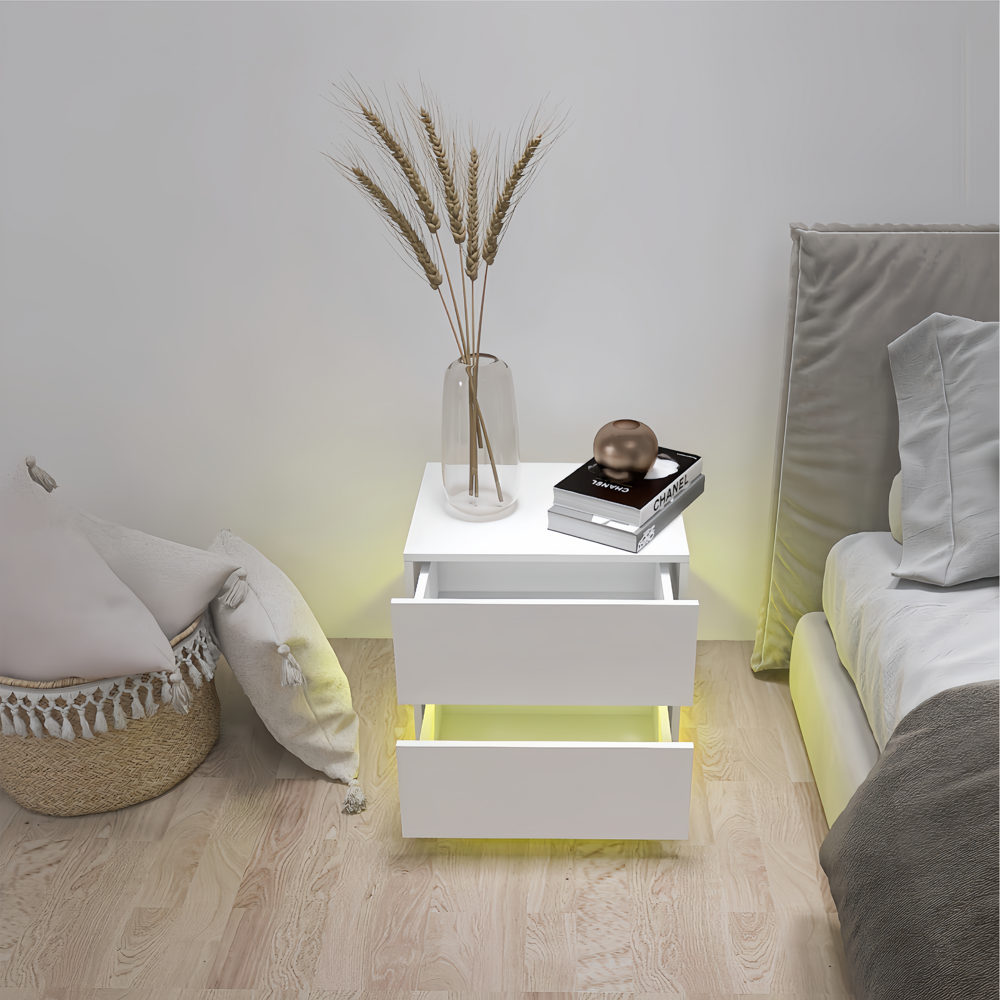 White floating nightstand with two drawers and LED accent lighting