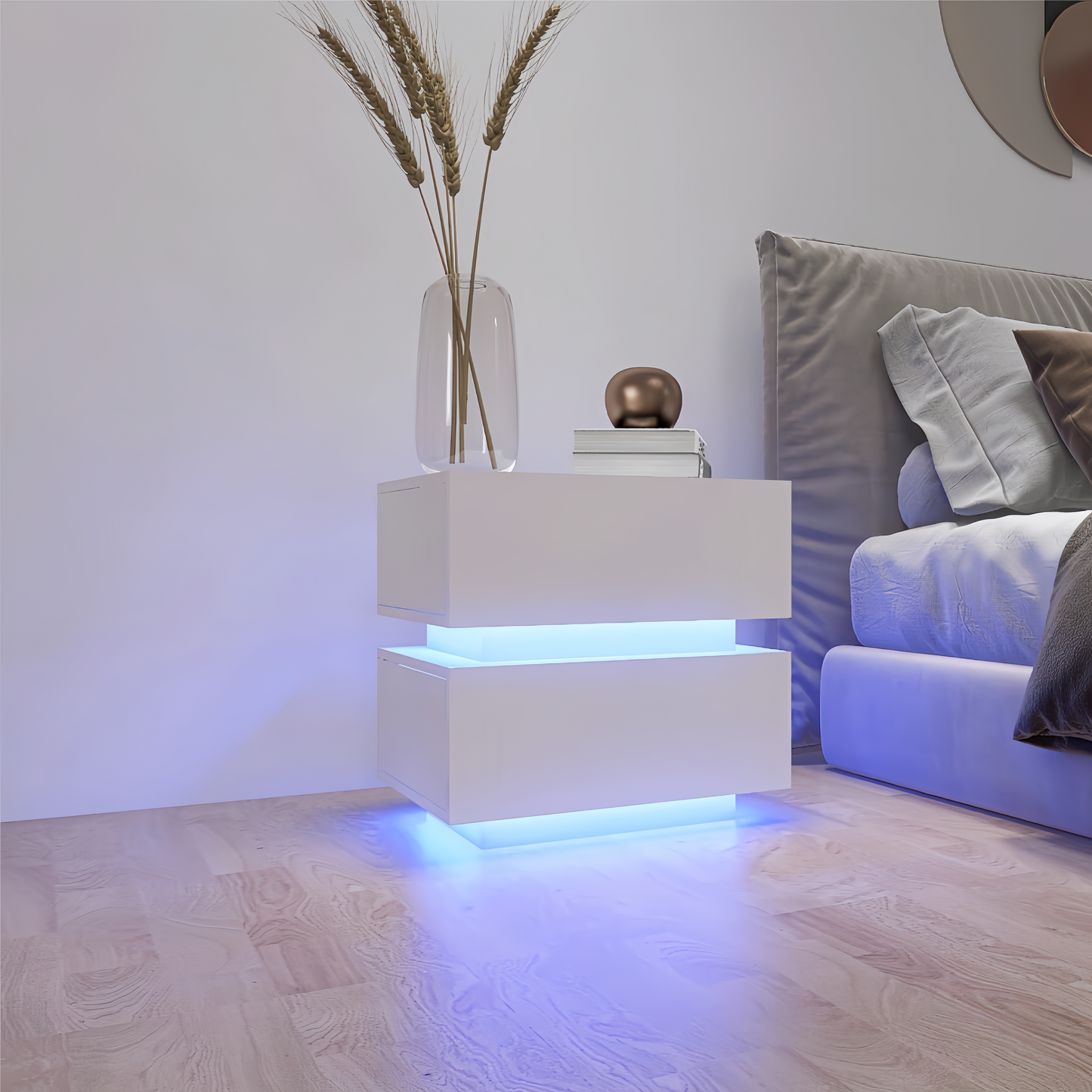 White lacquered bedside table with blue LED illumination
