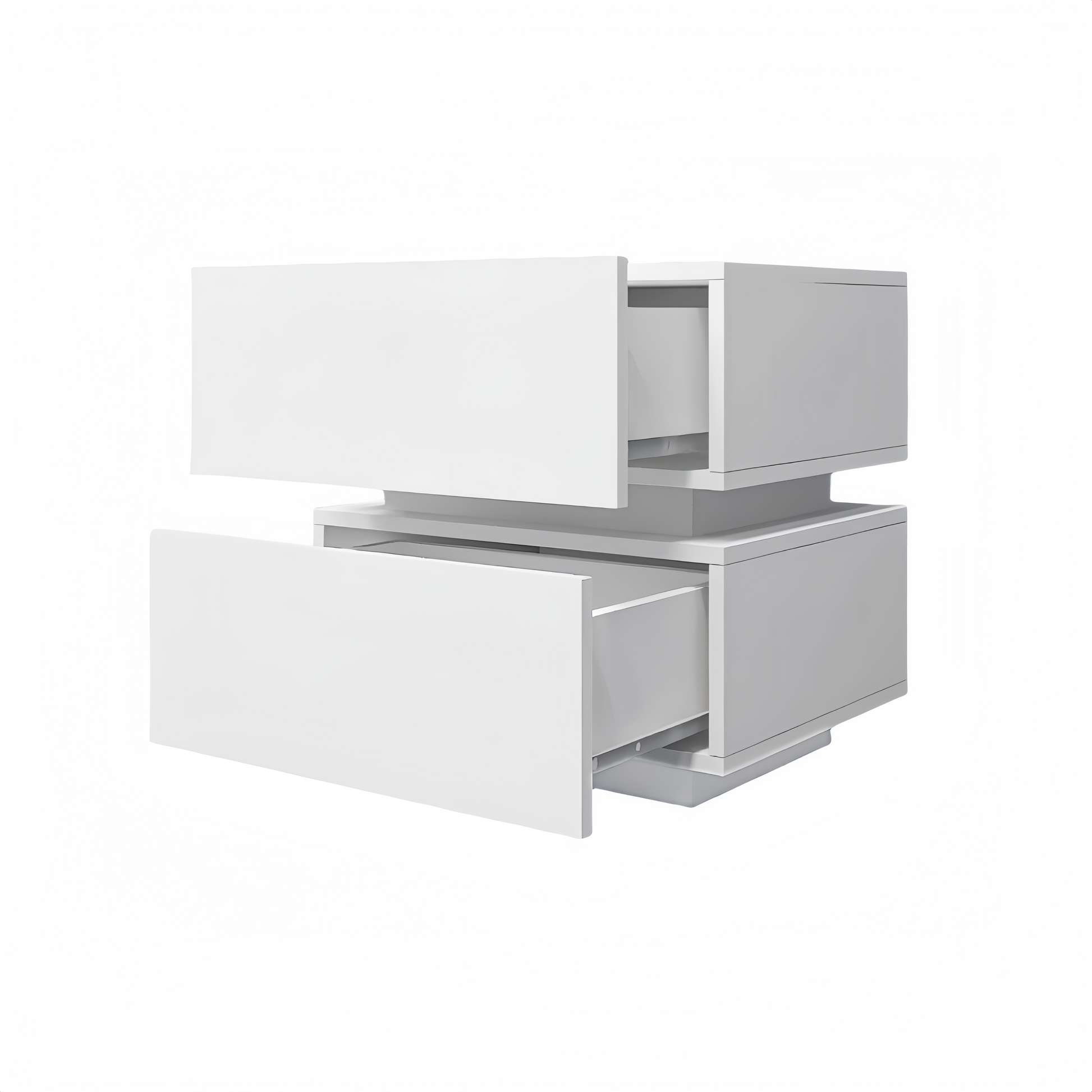 Sleek white twodrawer nightstand with modern minimalist design