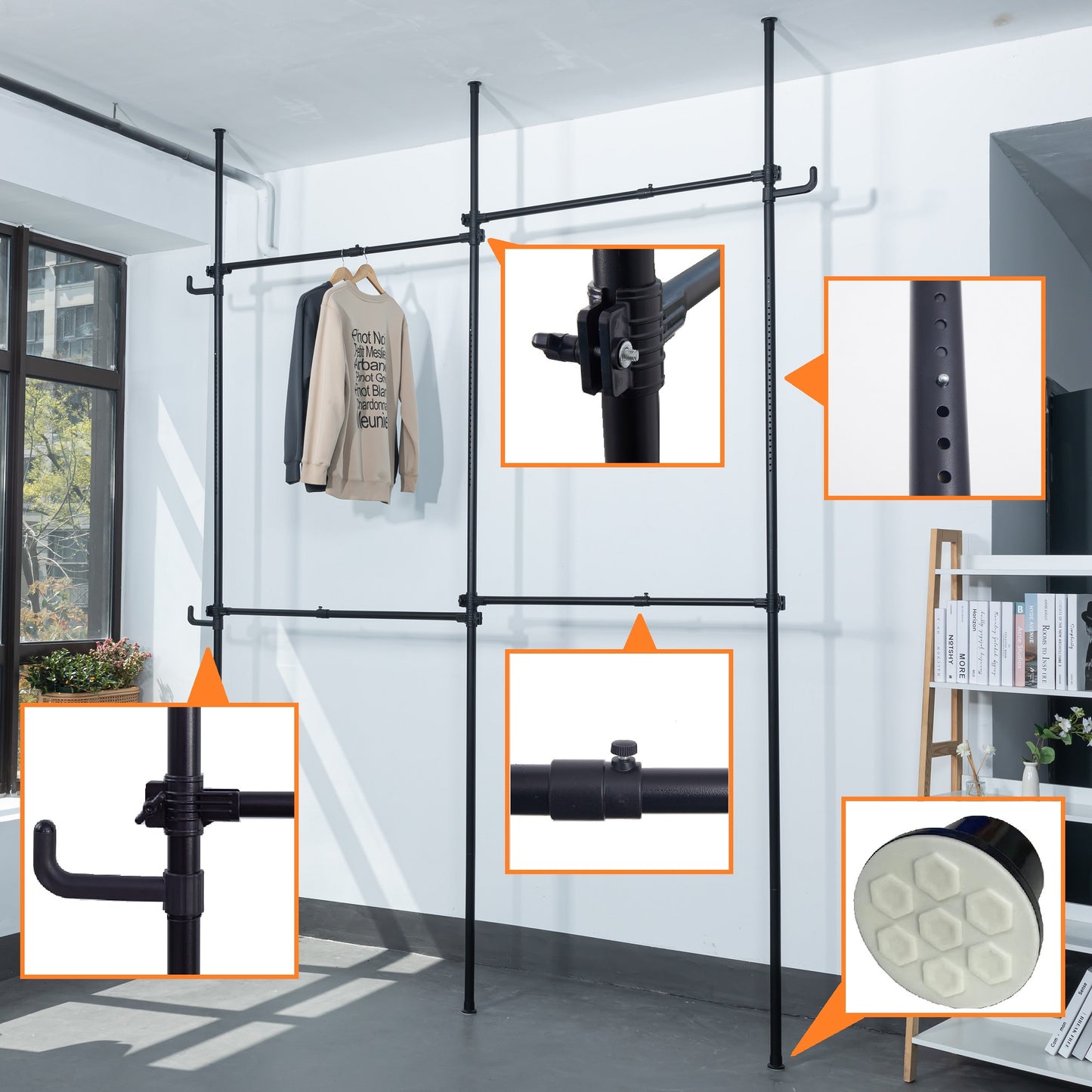 Black garment rack with adjustable poles and hooks for organizing clothes
