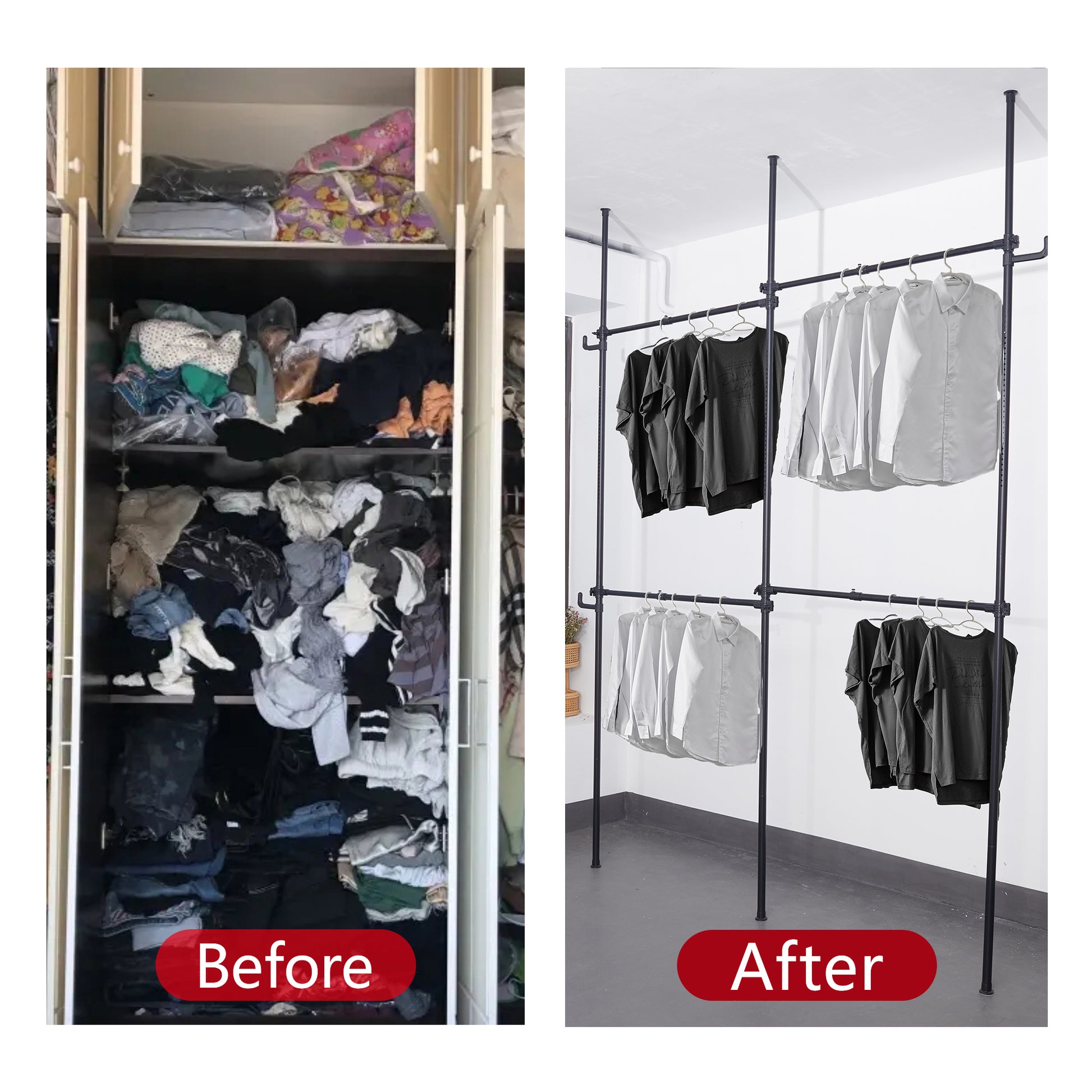 Industrial garment rack with black tshirts and white shirts