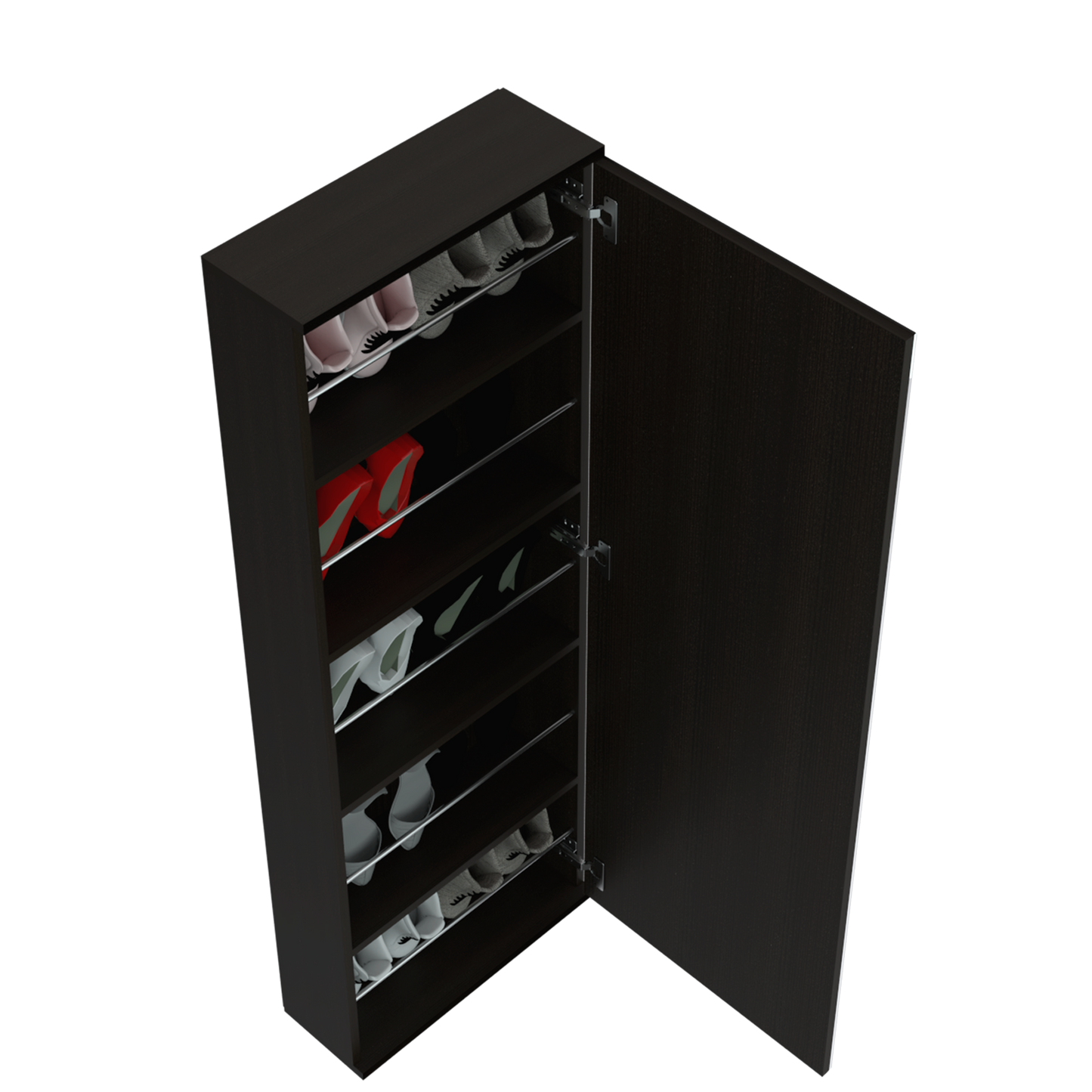 Tall dark wood shoe cabinet with shelves holding various shoes