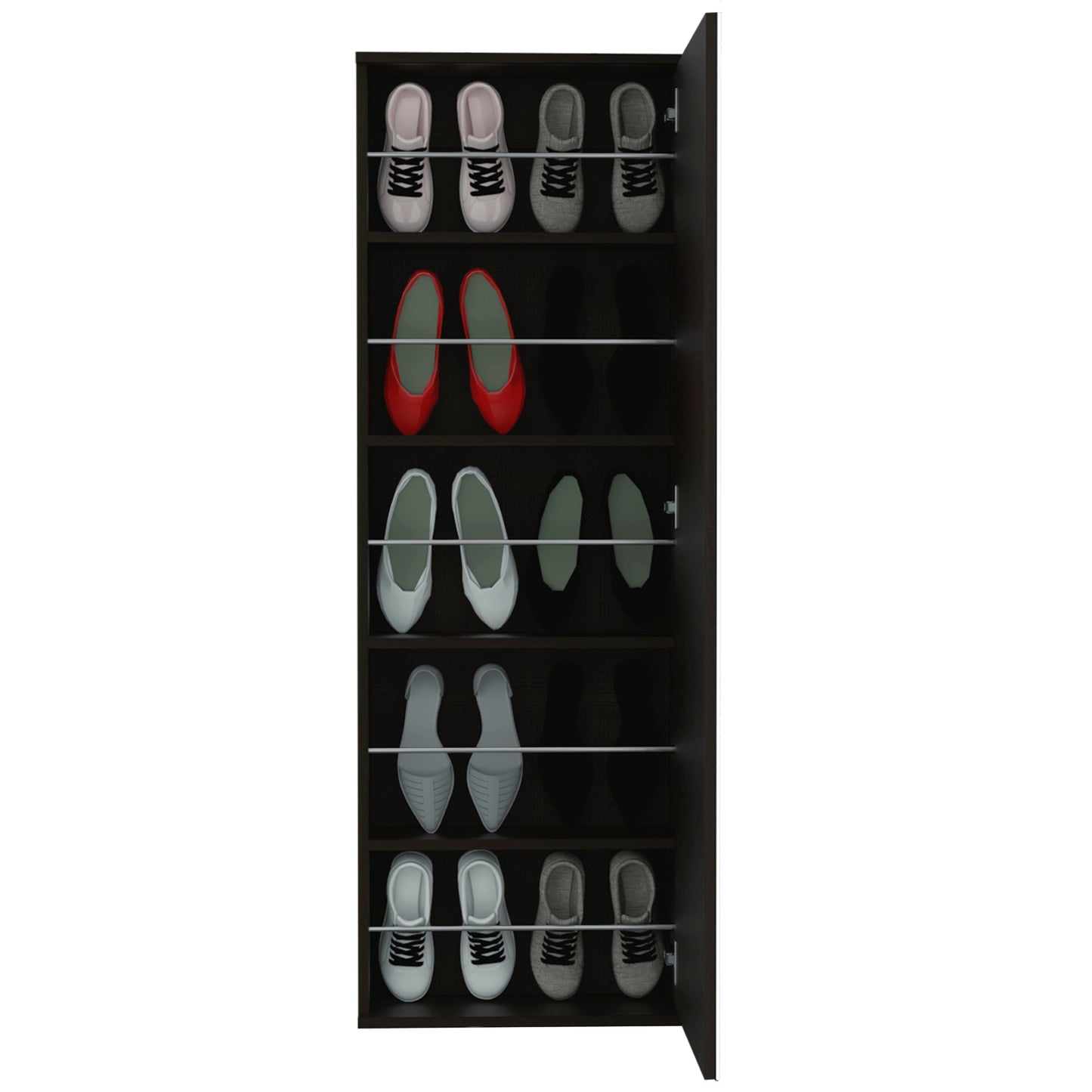 Light pink sneakers with black laces on a shelf
