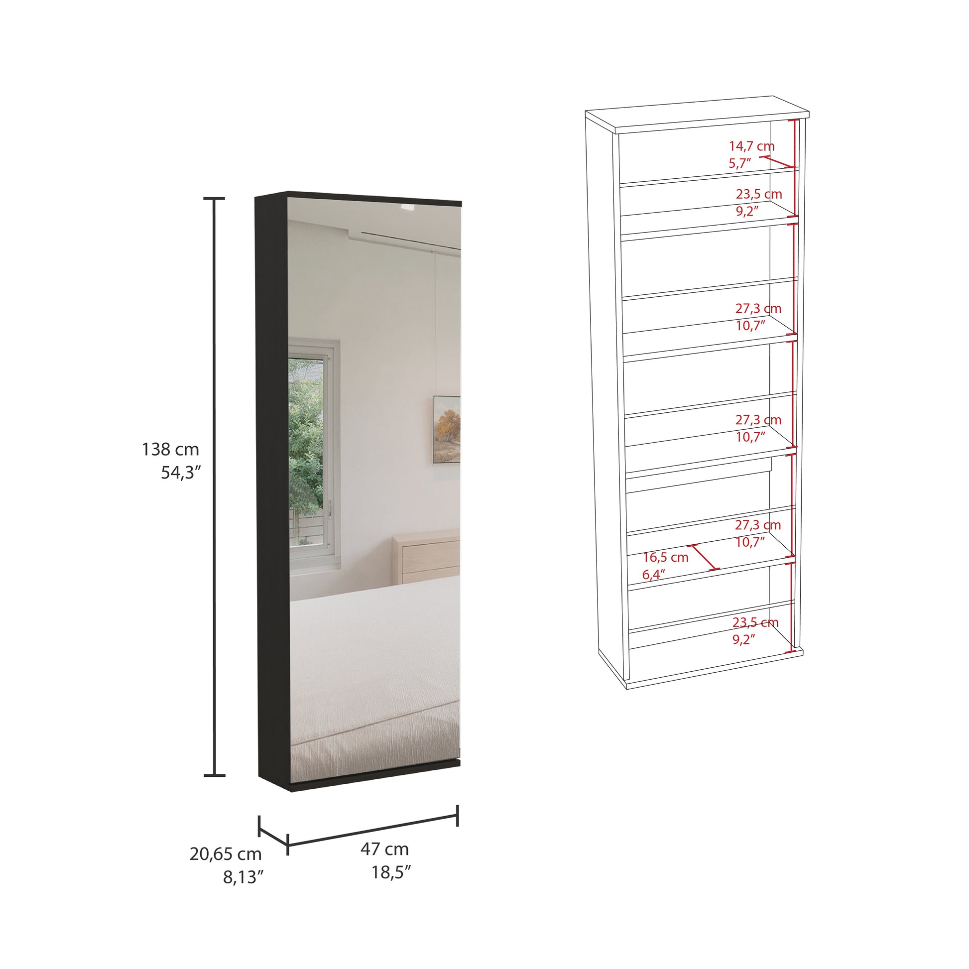 Black fulllength mirror with silver trim and multiple shelves