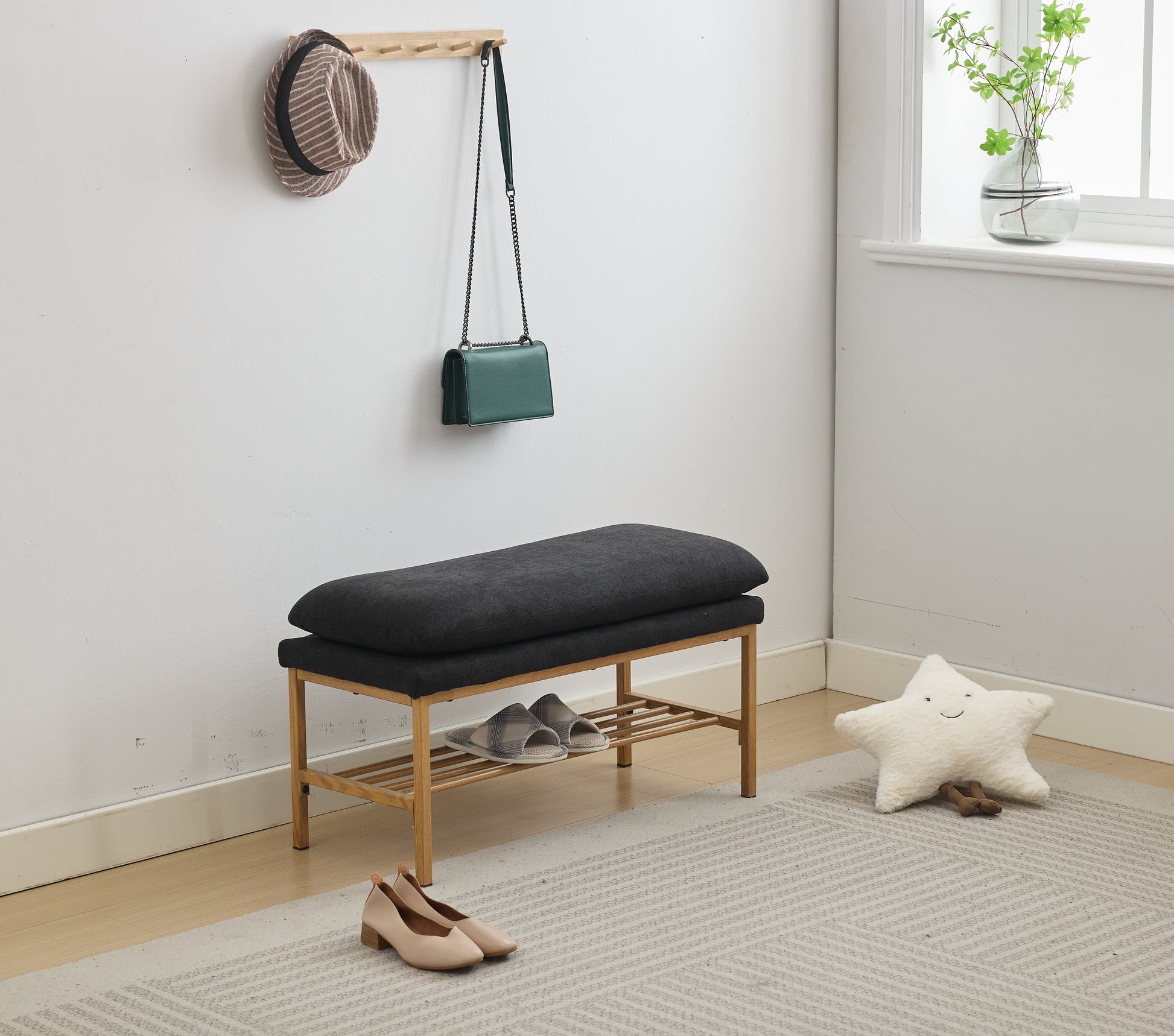 Dark grey upholstered shoe bench with wooden frame