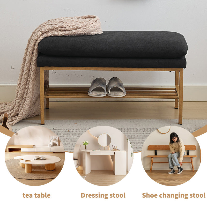Dark grey fabric shoe bench with wooden shelf and slippers