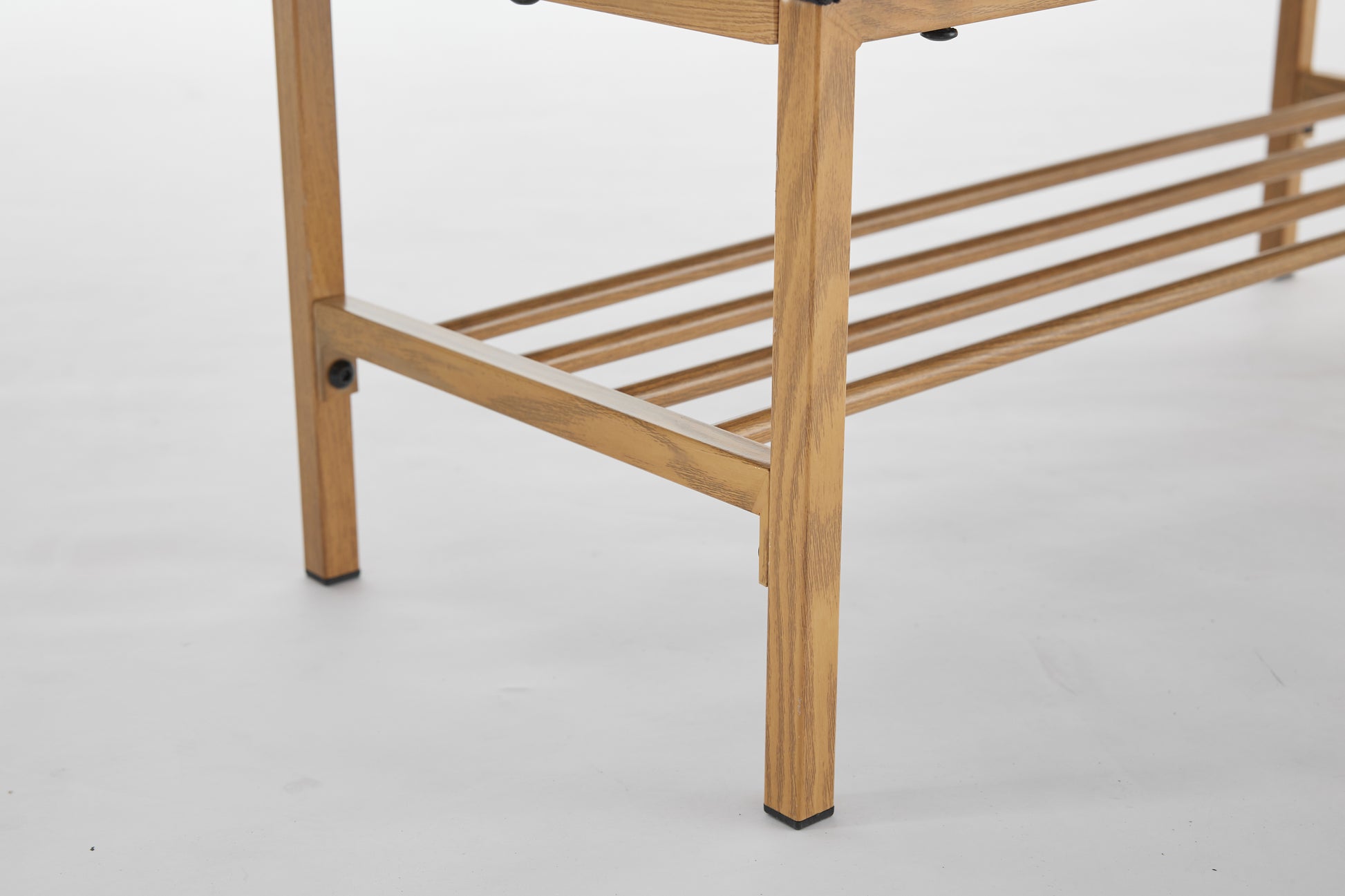 Wooden shoe rack with slatted shelves and light oak finish