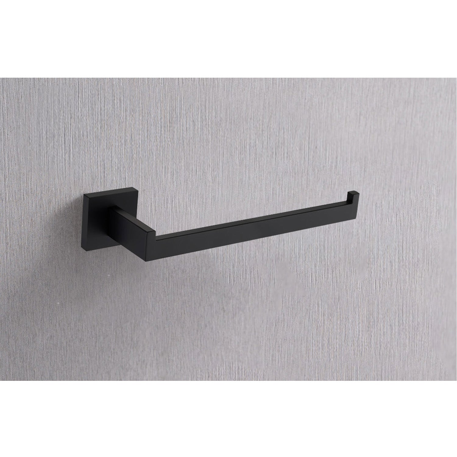 Modern matte black toilet paper holder with a minimalist square base