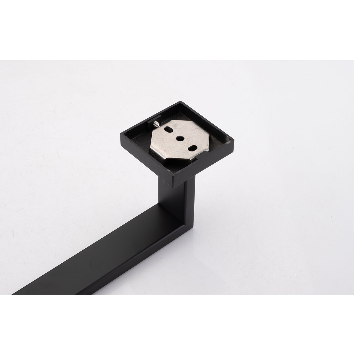Black matte finish towel bar with brushed metal mounting plate