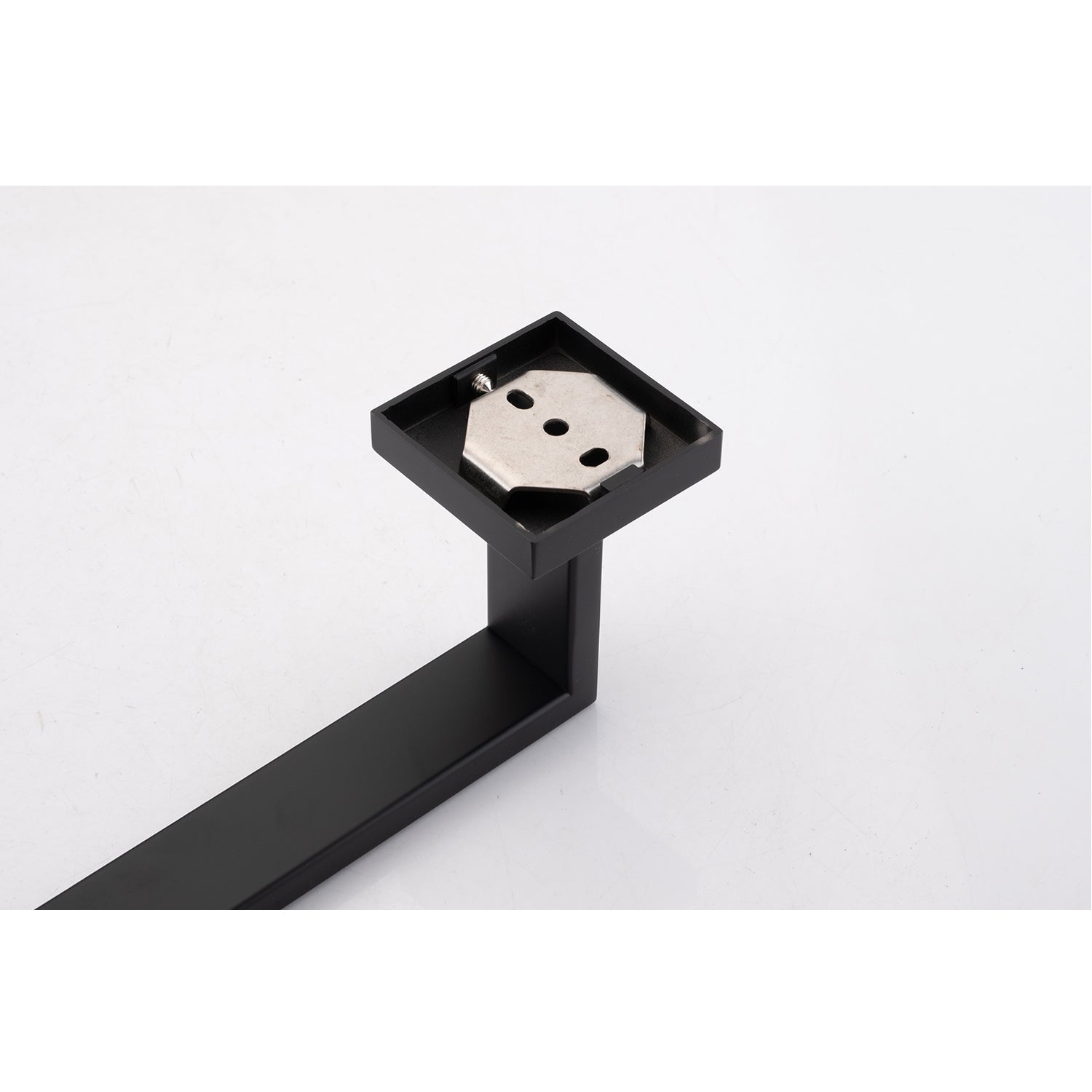 Black matte finish towel bar with brushed metal mounting plate