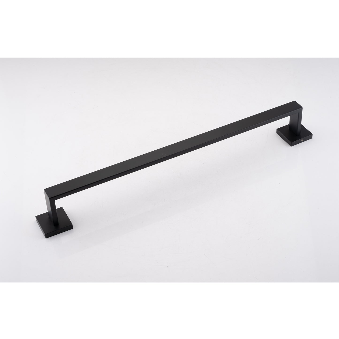 Sleek black metal bathroom towel bar with a modern square design and matte finish