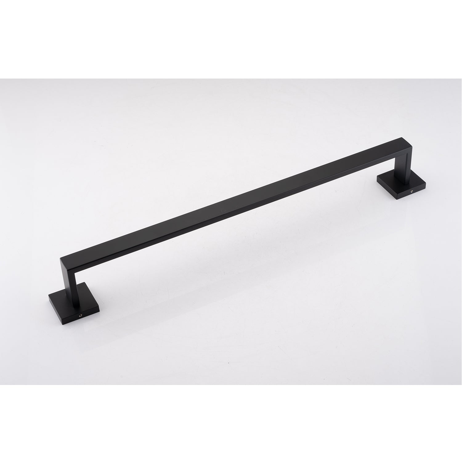 Sleek black metal bathroom towel bar with a modern square design and matte finish