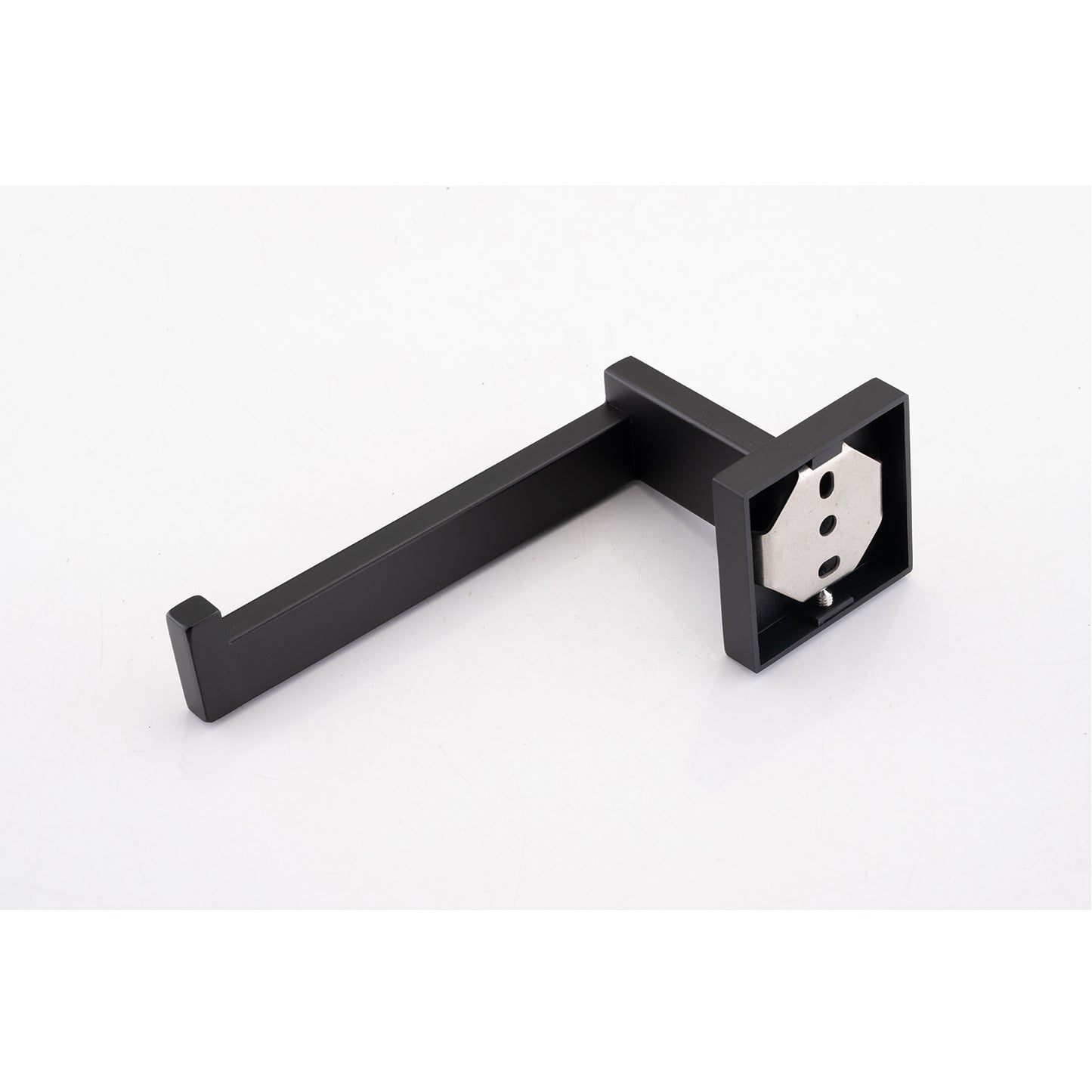 Modern black toilet paper holder with a clean square base and minimalist arm
