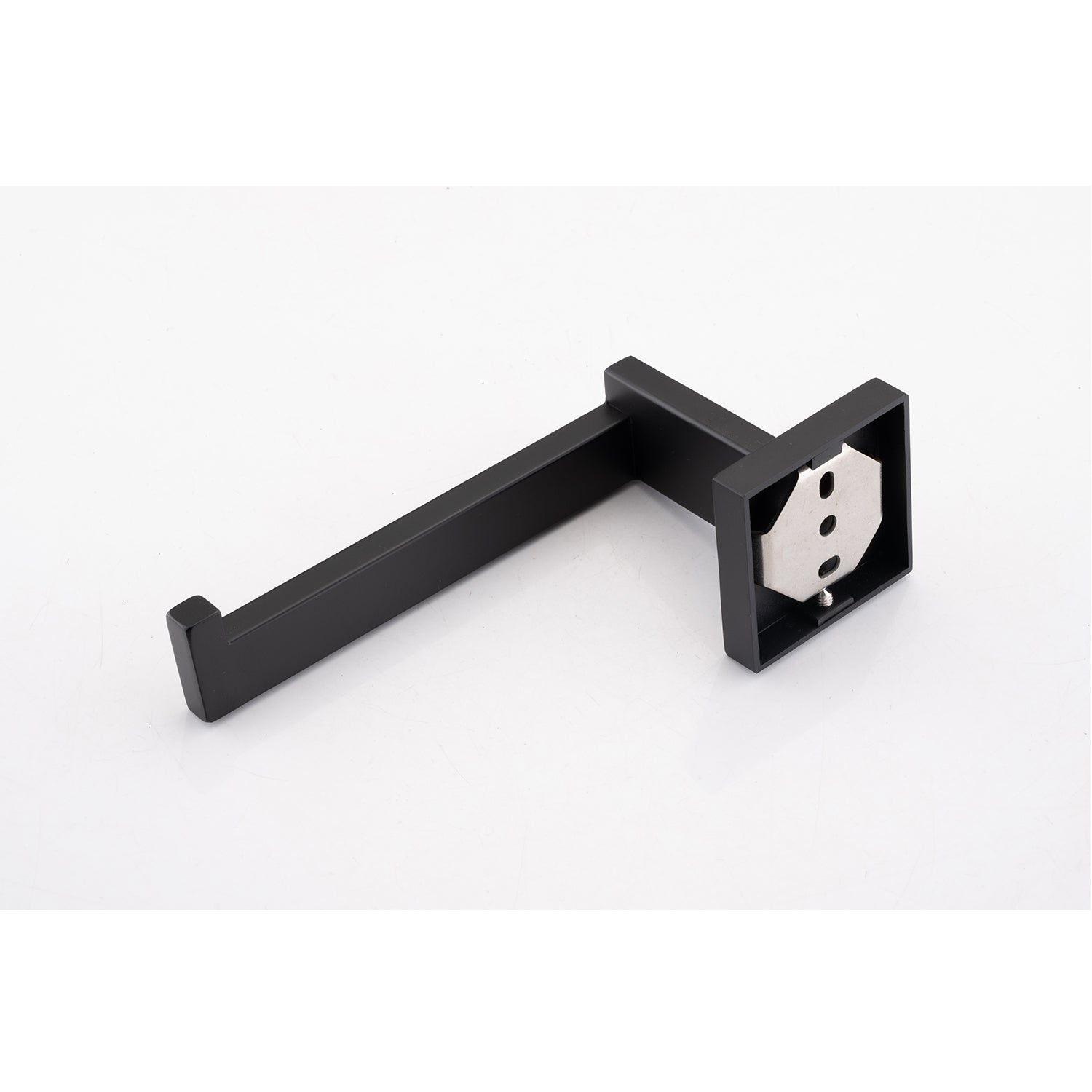 Modern black toilet paper holder with a clean square base and minimalist arm
