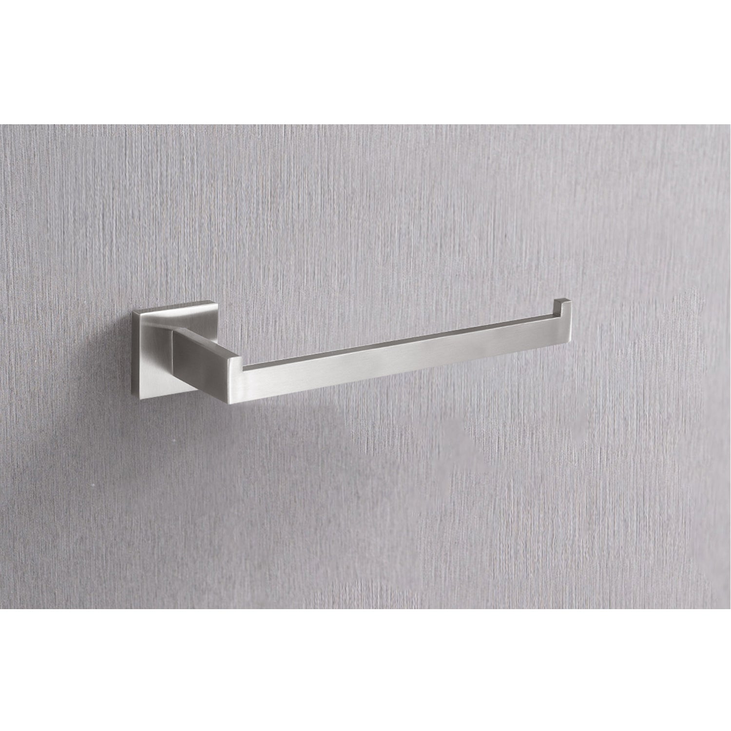 Sleek brushed nickel toilet paper holder mounted on a textured grey wall