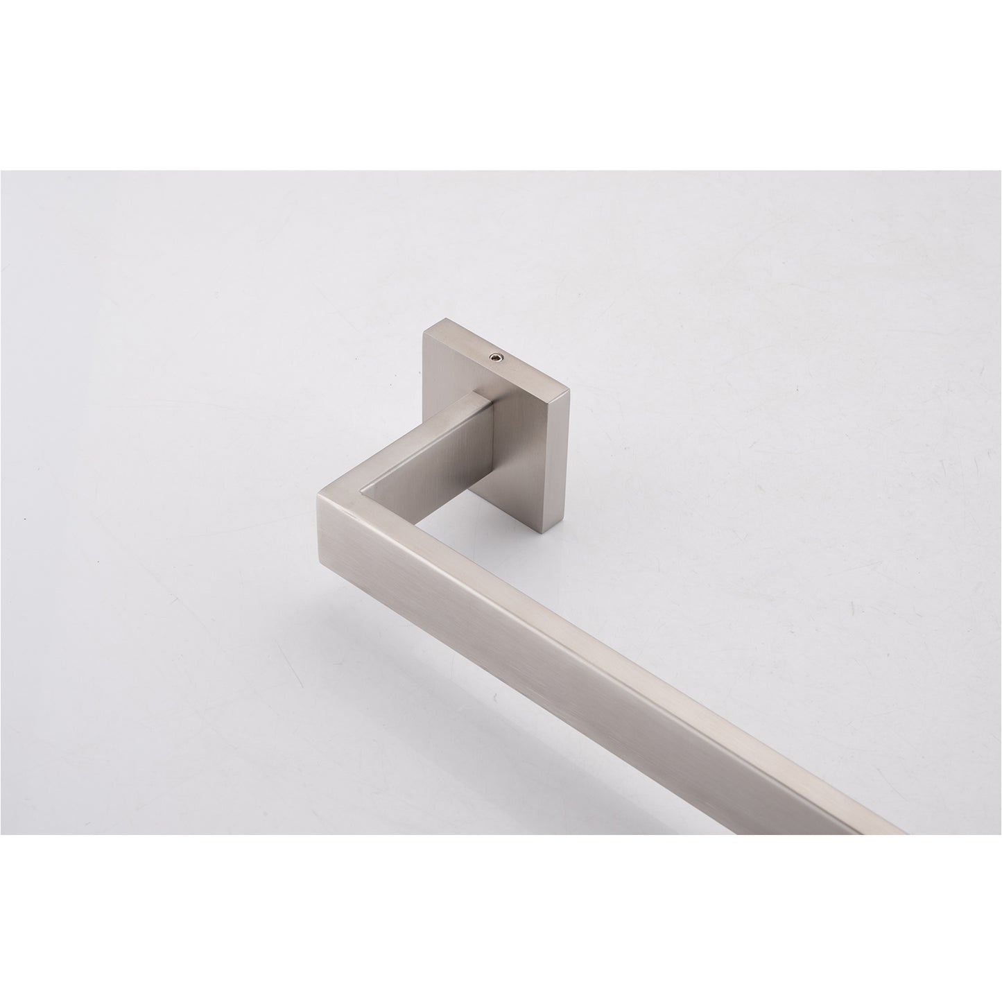 Brushed nickel modern towel bar with square mounting plate and clean lines