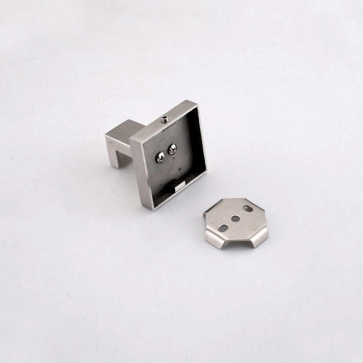 Brushed nickel cabinet hinge base and mounting plate with screws