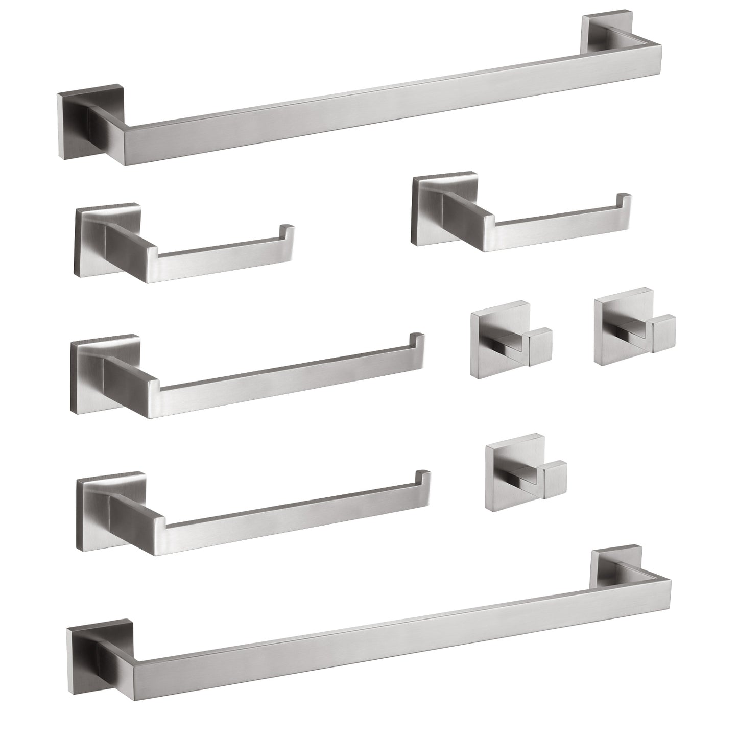 Modern brushed nickel towel bar with clean minimalist square base