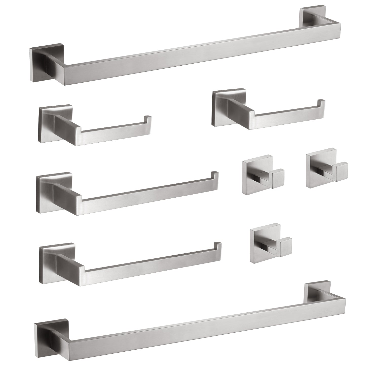 Modern brushed nickel towel bar with clean minimalist square base