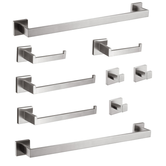 Modern brushed nickel towel bar with clean minimalist square base