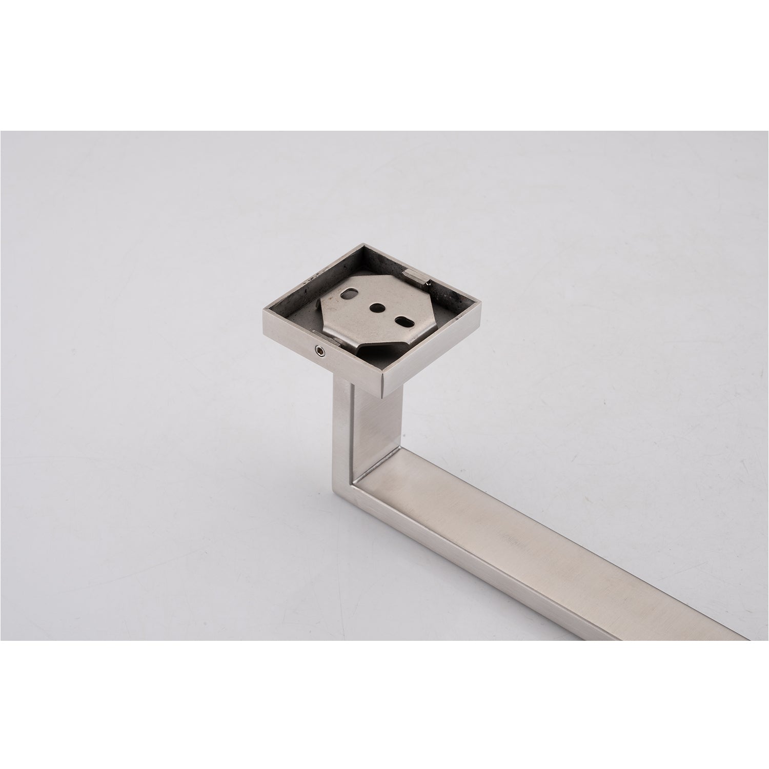 Brushed nickel shower drain base with visible mounting screws square design