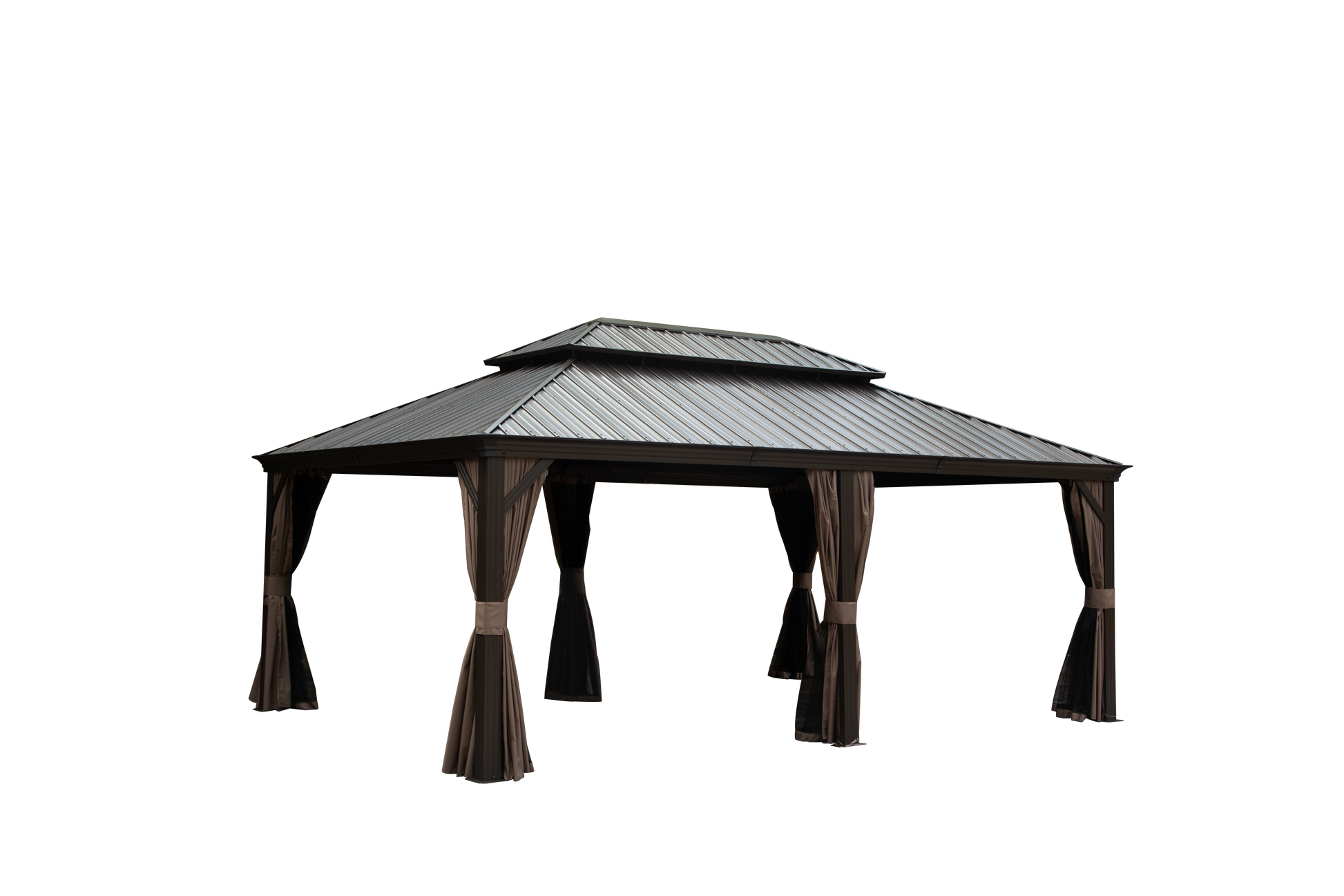 Dark gray metal roofed gazebo with brown curtains for outdoor gatherings