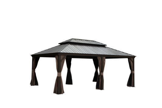 Dark gray metal roofed gazebo with brown curtains for outdoor gatherings