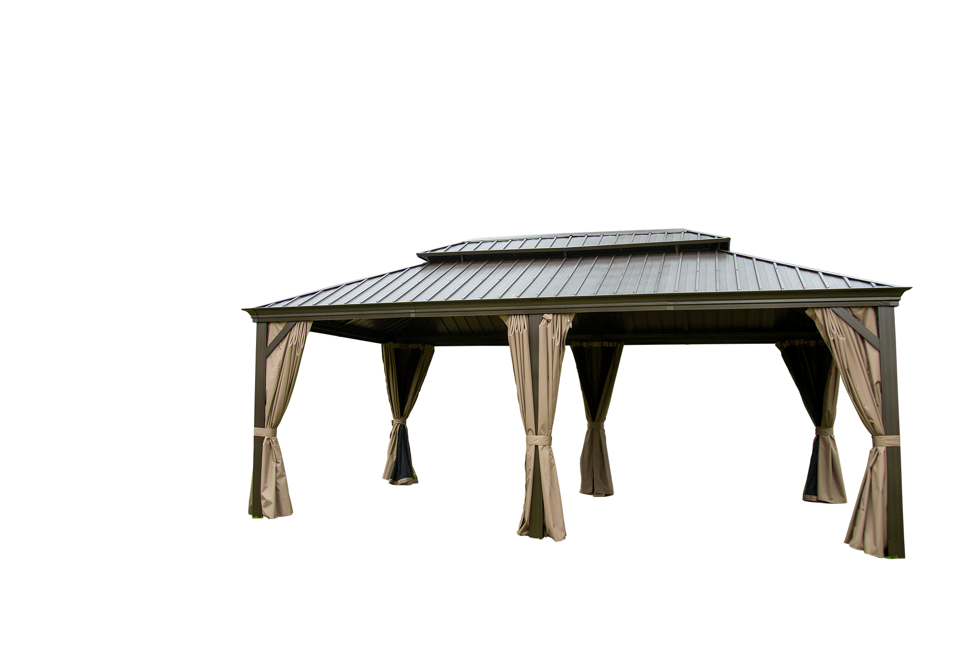 Dark brown metal gazebo with dualtiered roof and beige privacy curtains