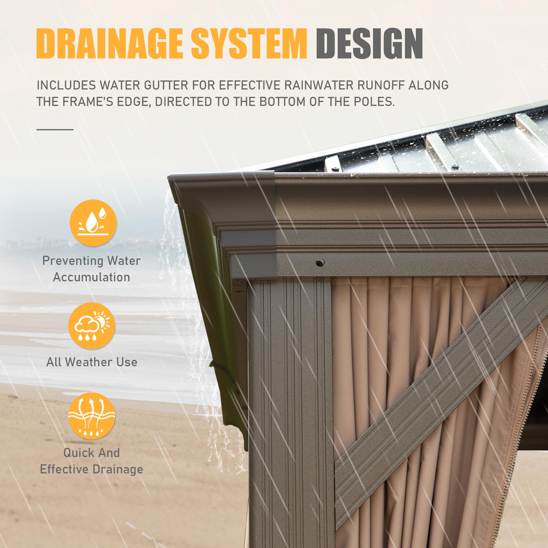 Brown metal gazebo frame with integrated water gutter in rain