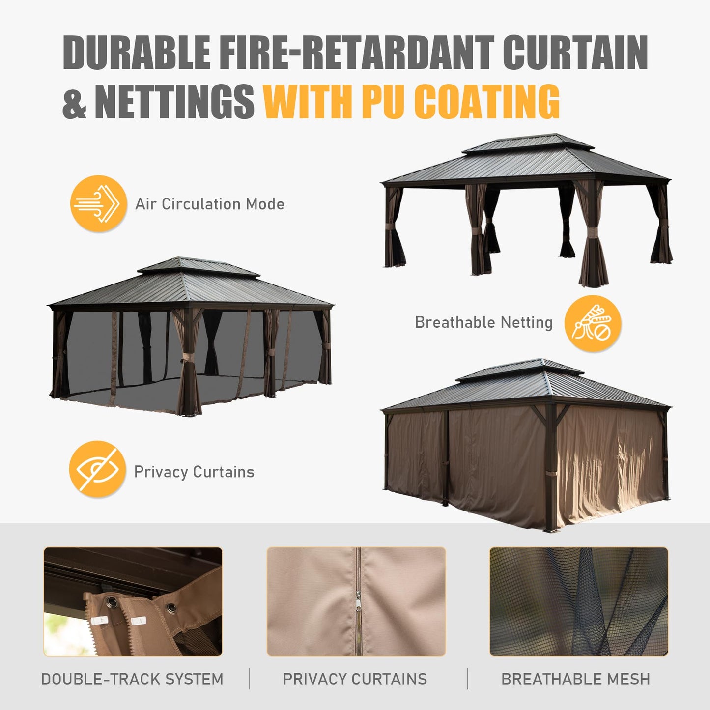 Gazebo with dark brown privacy curtains and breathable netting for outdoor comfort