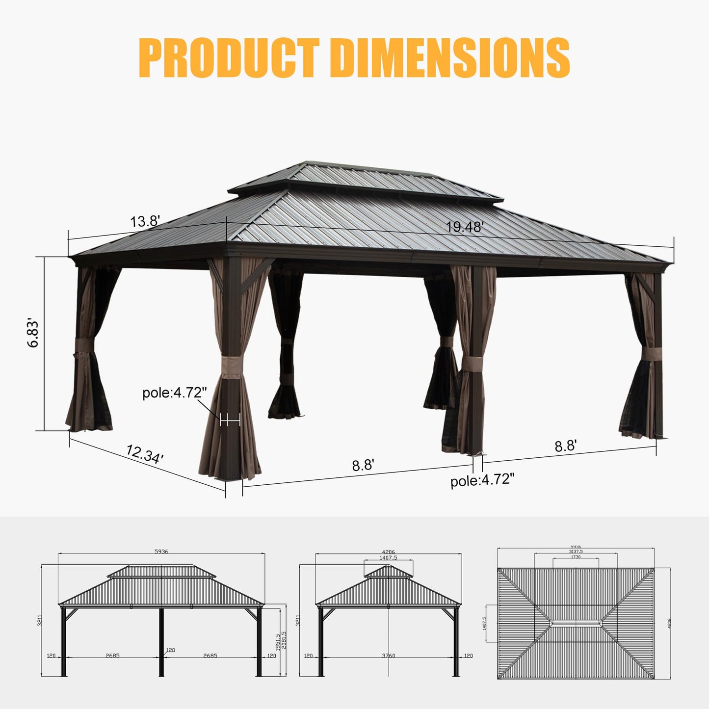 Brown metal gazebo with double tier roof  x  dimensions