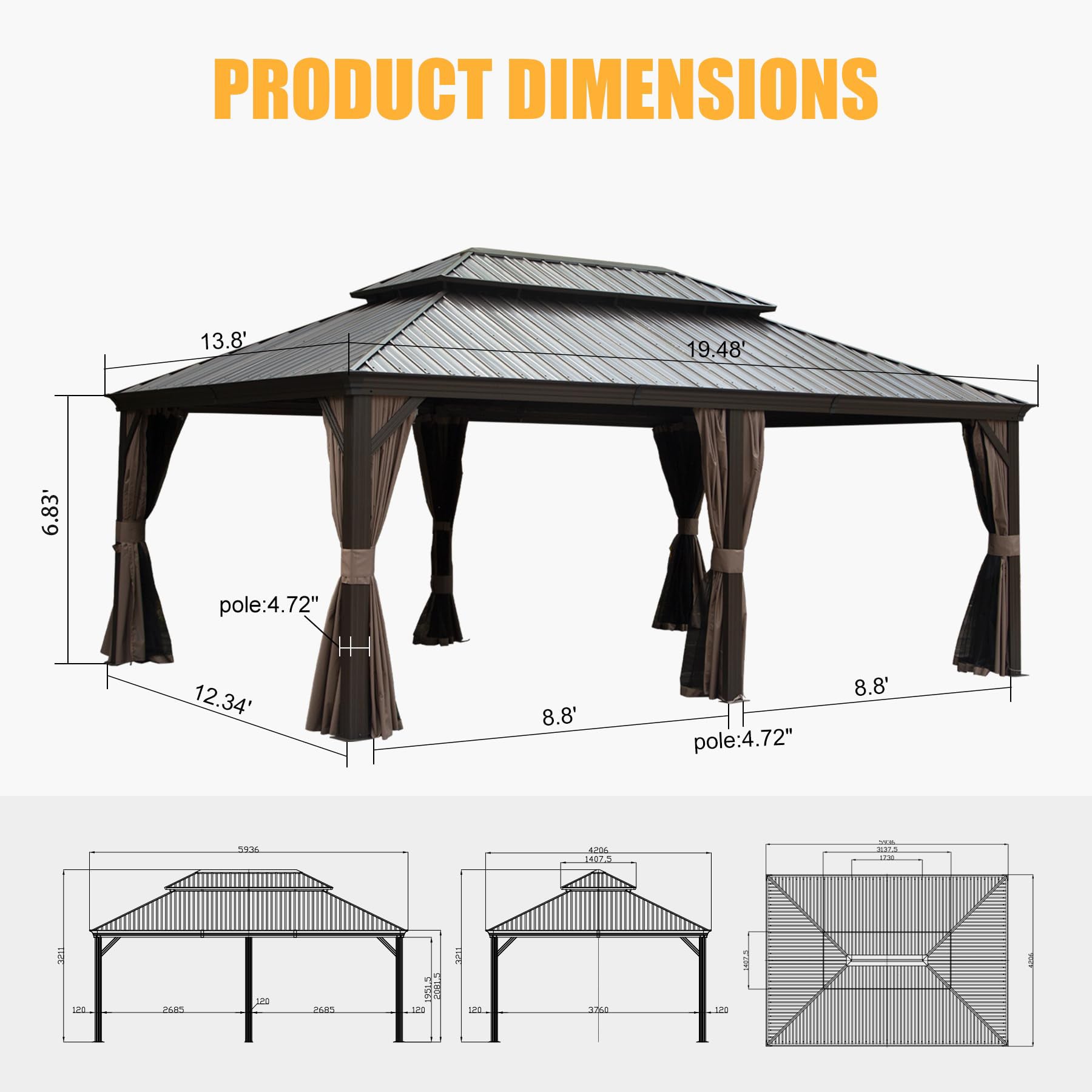 Brown metal gazebo with double tier roof  x  dimensions