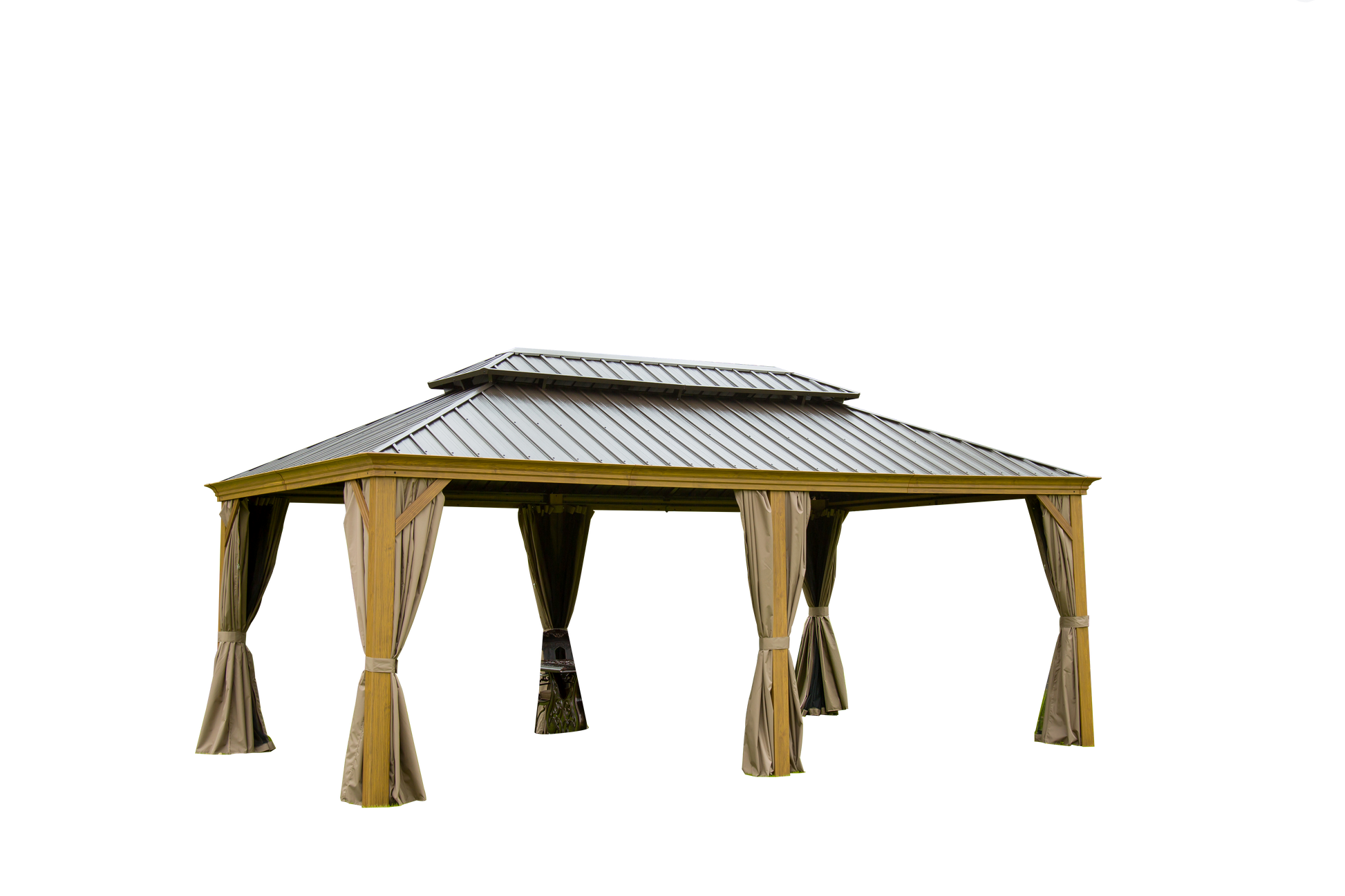 Bronze metal roof gazebo with tan curtains and wooden posts for outdoor entertaining