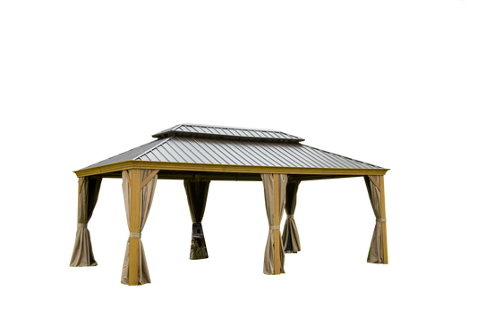 Bronze metal roof gazebo with tan curtains and wooden posts for outdoor entertaining