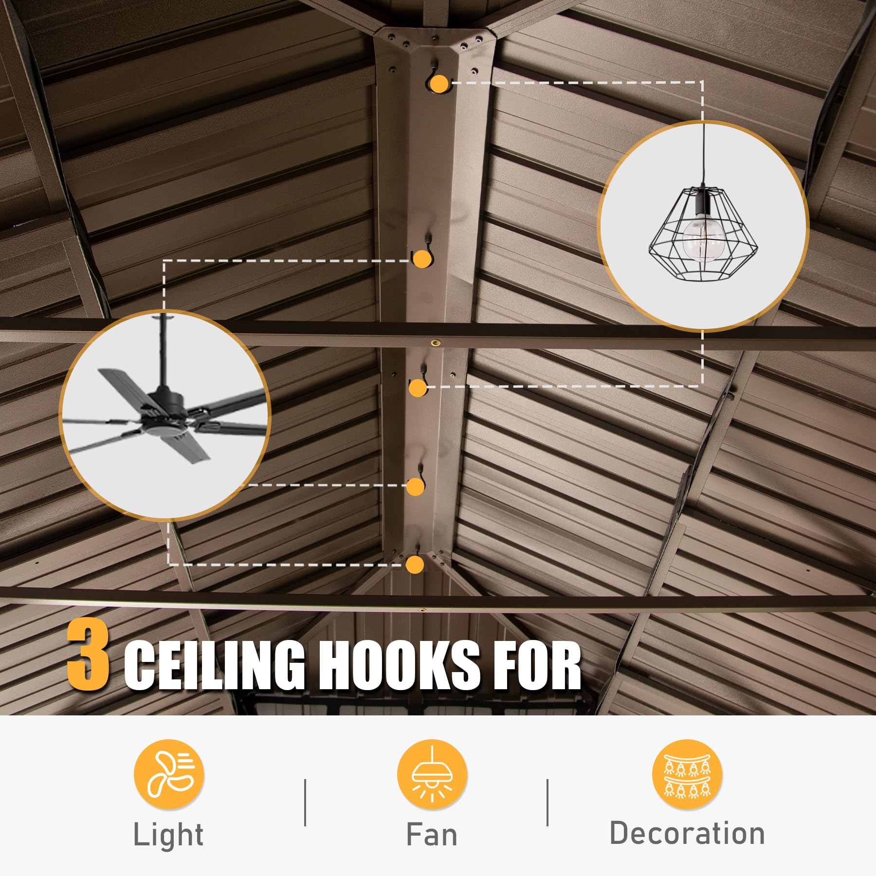 Bronze colored ceiling hooks designed for outdoor gazebo use suitable for lights fans or decorations