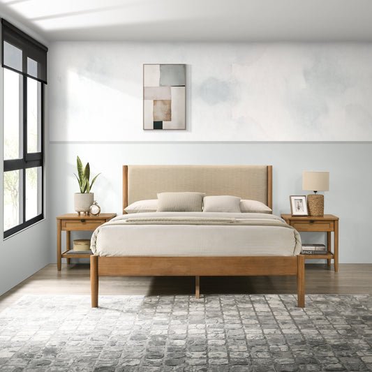 Modern wooden bed frame with upholstered beige headboard and striped pillows