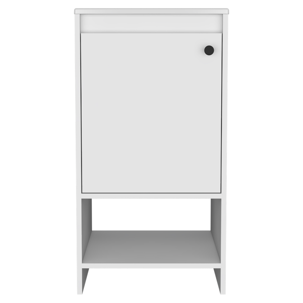 White modern bathroom vanity with one door and open shelf