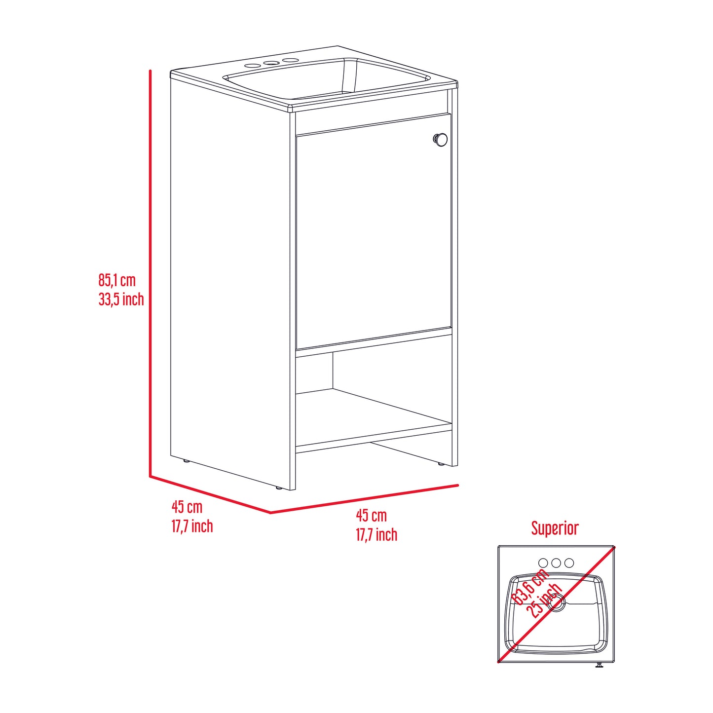 White bathroom vanity cabinet with single door and open shelf